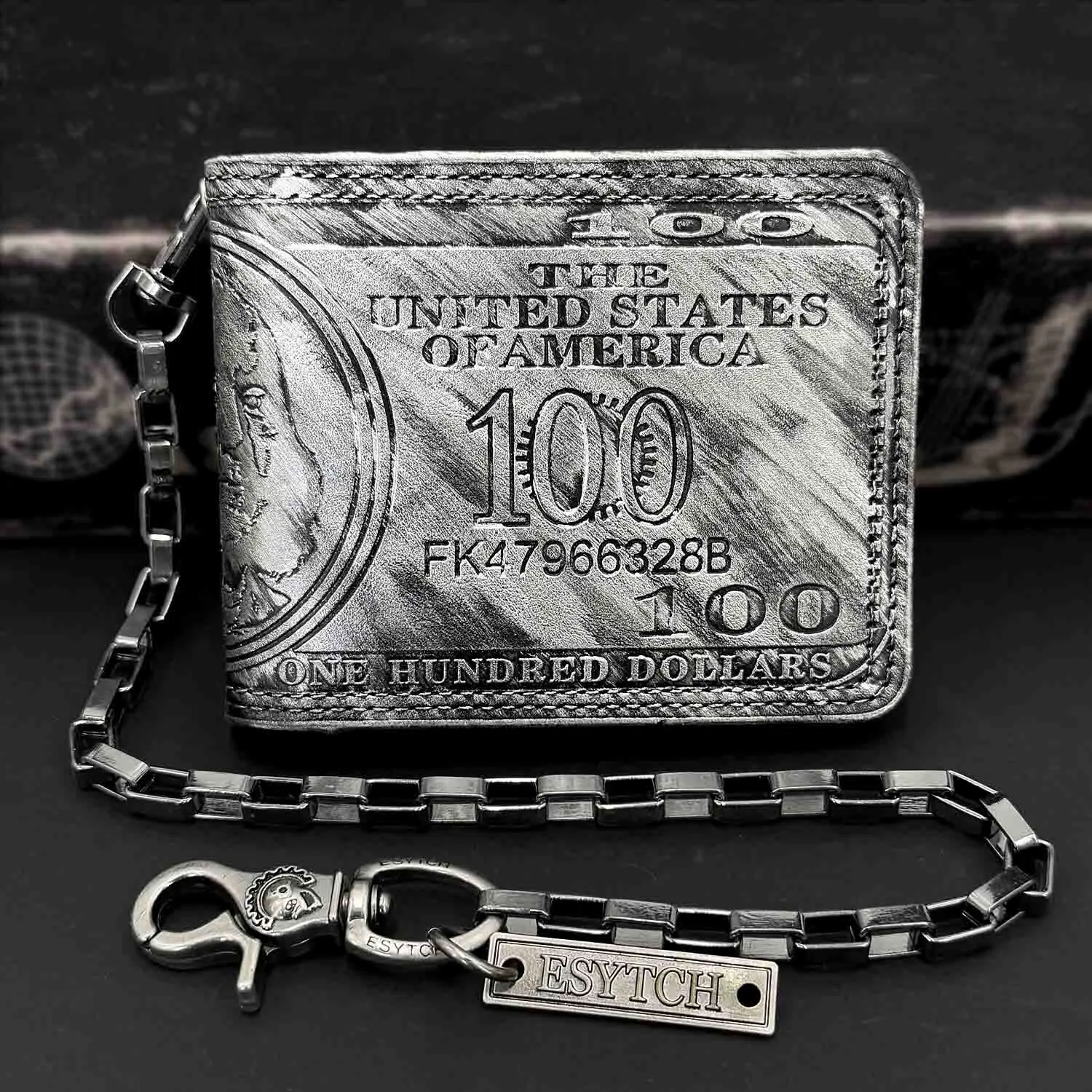 Men's Steampunk PU Leather Durable Bifold Wallet - Silver Biker Chic Short Design, Attached Chain, Flap Closure, US Dollar Bill Slots, Credit Card/Money Holder, for Husband, Everyday Carry, Business Casual Outfits