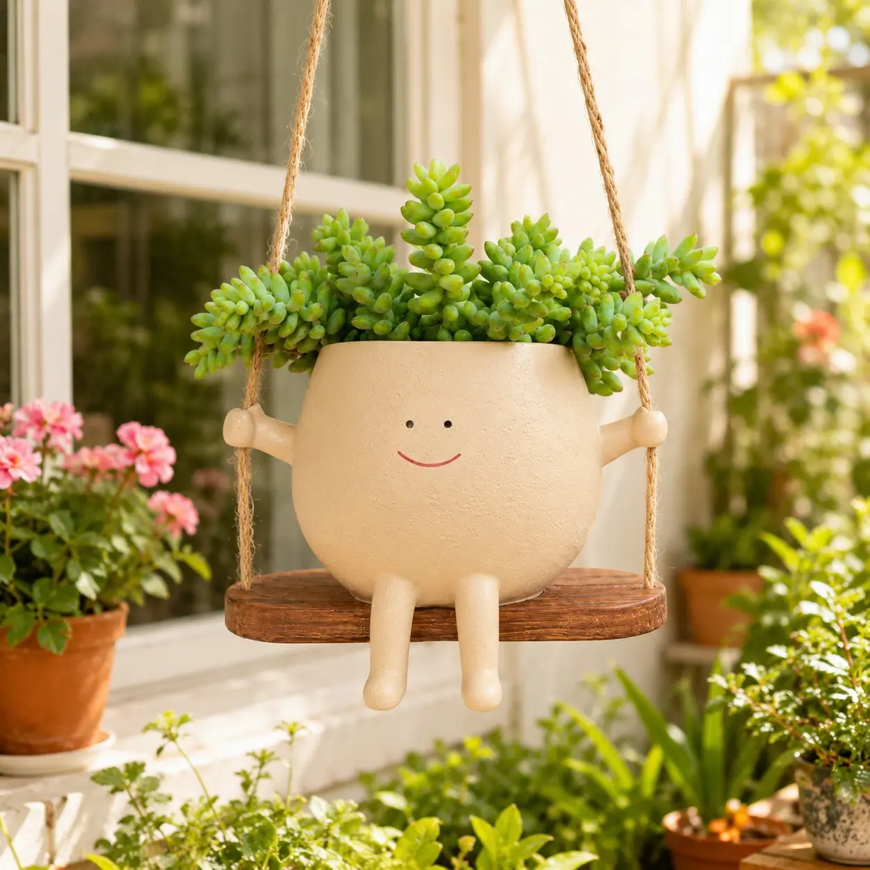 Resin Cute Smile Hanging Planter, Suitable for Balcony Window Indoor Outdoor, Succulent Plant Holder, Multi-Use Flower Pot, Unique Pots