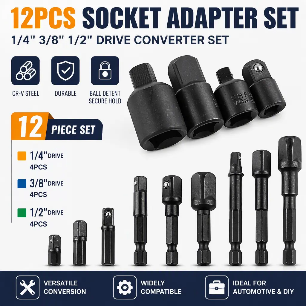 12Pcs Drill Socket Adaptor Set, Ball Bearing Socket Converter, Hex to Square Drive Socket Reducer