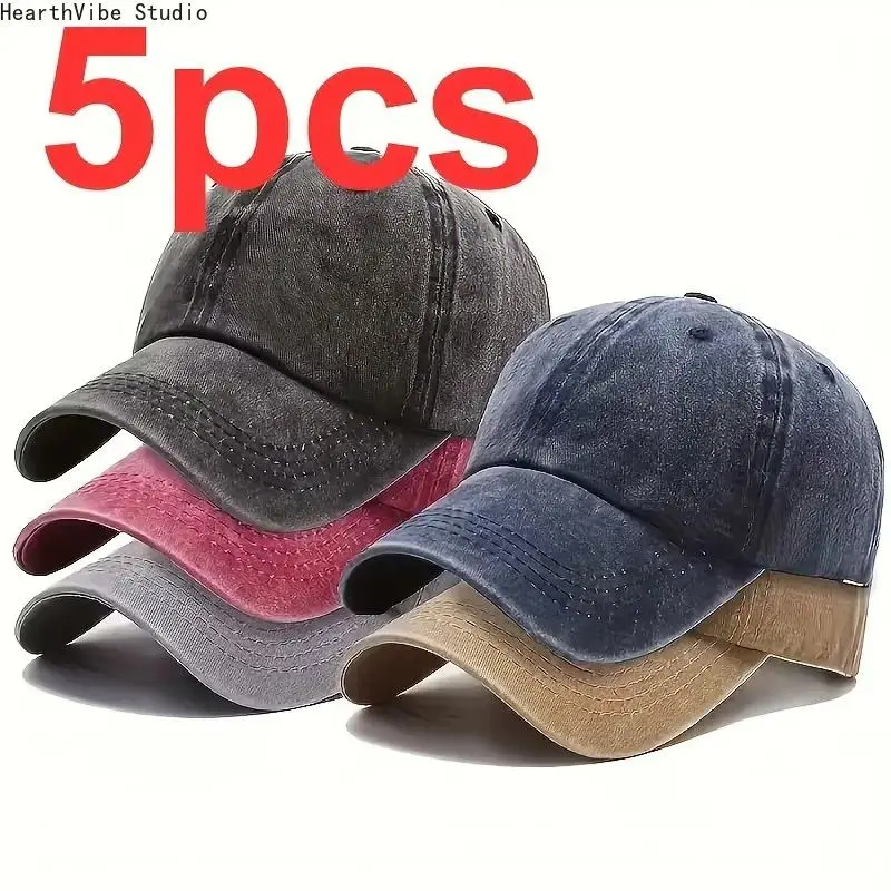 Unisex 5-Pack Vintage Washed Polyester Baseball Caps, Adjustable Size Dad Hats with Distressed Finish, Soft-Touch Casual Style, Classic Solid Colors for Men & Women, Great for Everyday Wear, Outdoor Activities