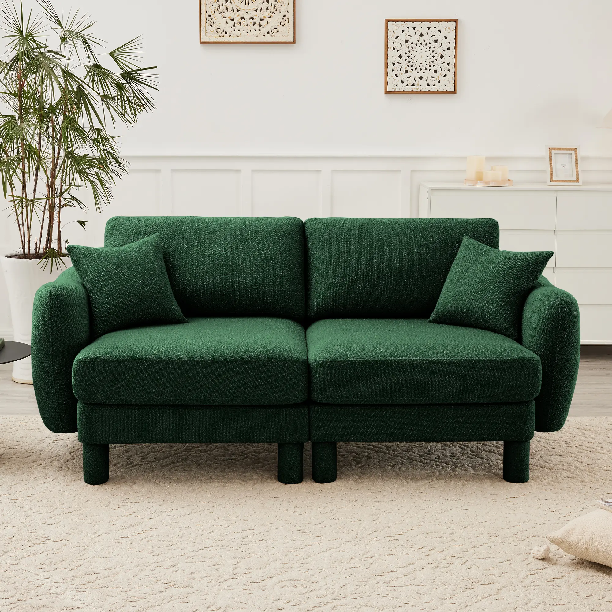 ARCH Boucle Fabric 2-Seater Loveseat Sofa Couch for Living Room, Green Shell-Shaped Armrests with Self-Fabric Wrapped Cylindrical Legs, Modern Accent Furniture, Living Room Furniture for Apartment, Lounge, Family Room, Office and Home Seating