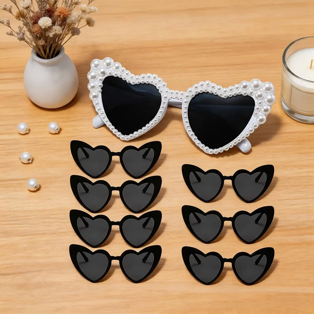 8 Pcs Wedding Party Glasses Set, 1 Pearl Heart Glass + 7 Heart Glasses, Single Party/bride Photo Booth Props, Trendy Wedding Accessories