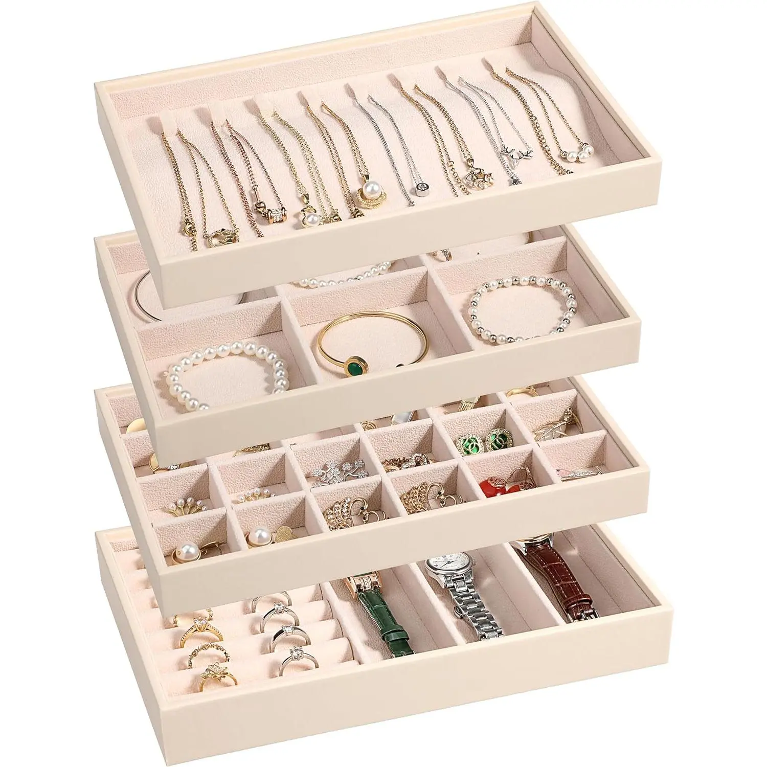 Stackable  Organizer Trays 4 Set,PU Leather  Organizer Drawer, Storage Display Tray for Earring Necklace Rings Bracelet with Removable Dividers,Apricot