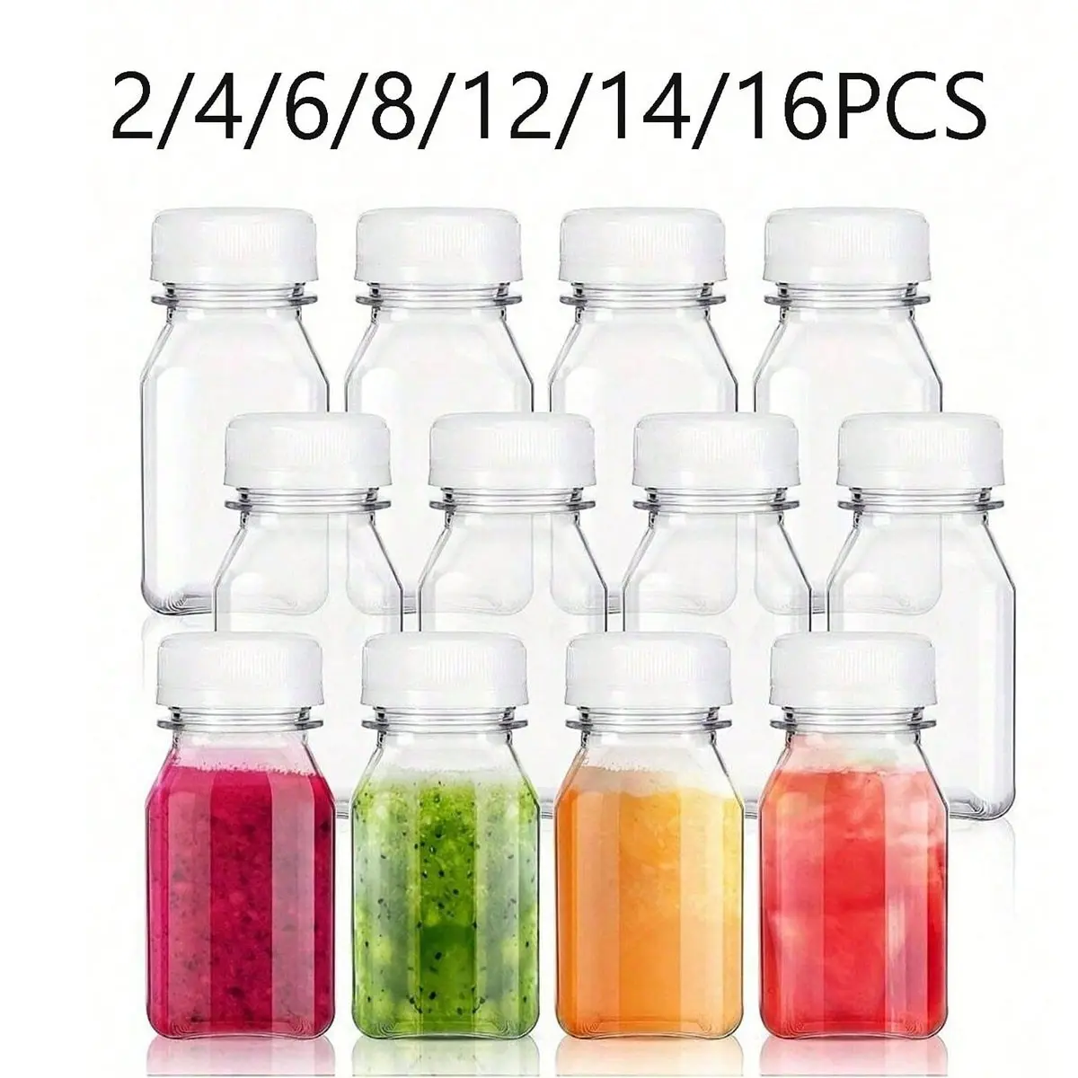 2/4/6/8/12/14/16Pcs Reusable Plastic Juice Bottles with Lids, Transparent Drink Containers, Storage Bottles, Milk Bottle, Smoothie Bottle, Ideal for Juicing, Tea, Homemade Drinks