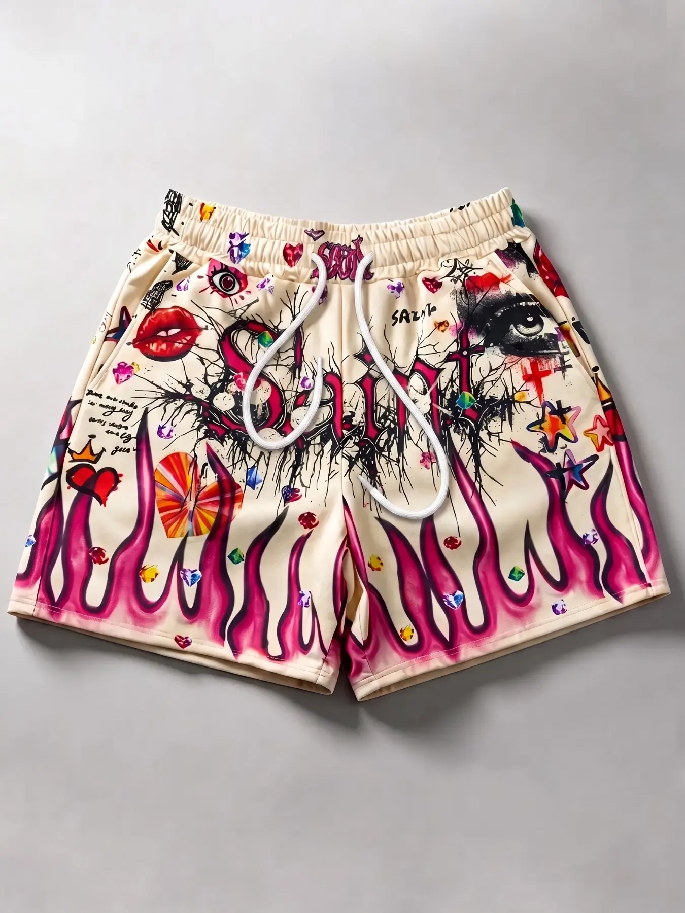 Men's Trendy Baggy Graphic Shorts, Elastic Waist Wide Leg Shorts With "Saint" Graffiti & Pink Flame Print, Vintage Y2K Grunge Streetwear Bottoms Perfect For Daily Wear, School Outfits, Skateboarding, Vacation, Parties And Casual Loose Styling