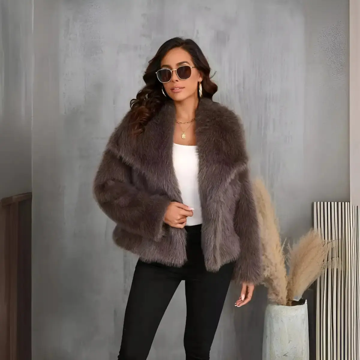 Women's Short Fluffy Plush Faux Fur Coat with Large Lapel in European and American Style