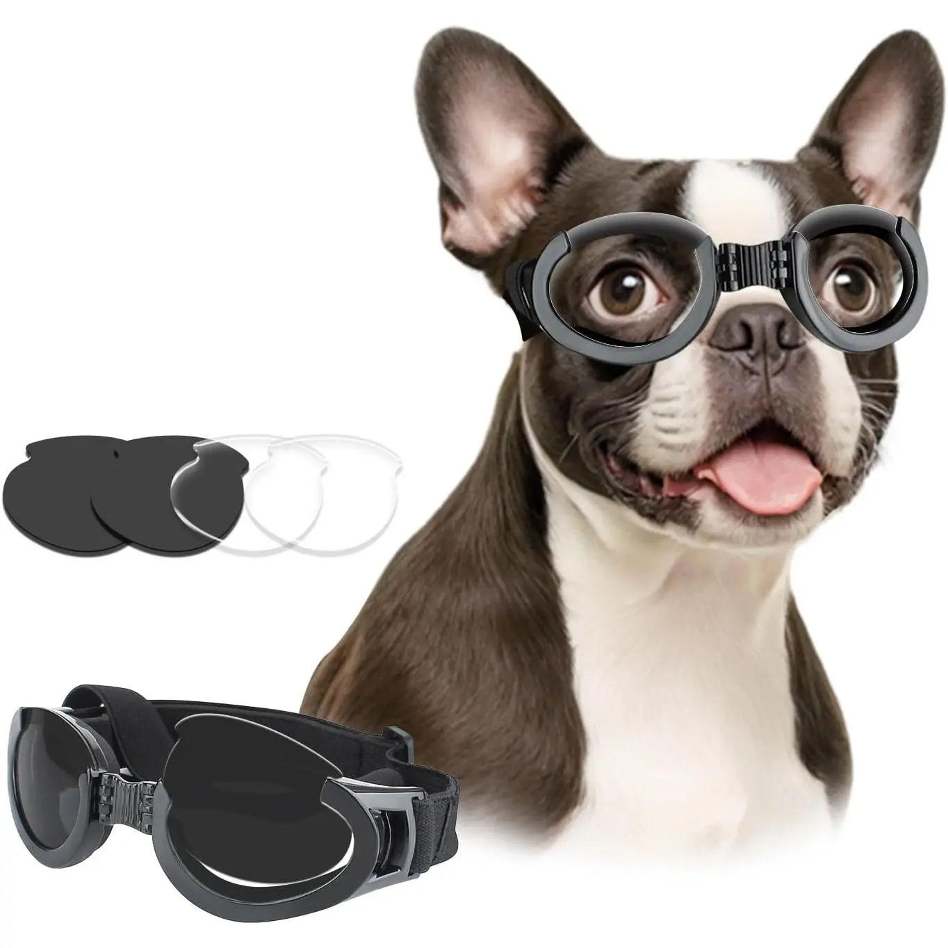 Dog Goggles Medium Breeds, Clear UV Protection Dog Sunglasses with Black Replaceable Lenses, Adjustable Dog Glasses for Outdoor Activities Hiking/Camping Windproof Pet Eyewear
