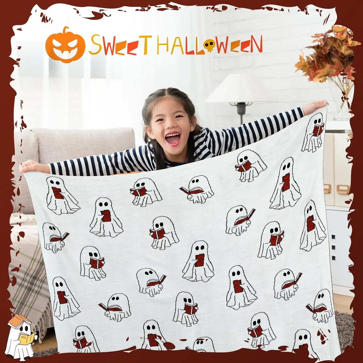 Smooth Novelty Easter Day Halloween Ghost Reading Book Blanket Inches Soft Knit Throw with Ghosts Reading Book Pattern Halloween Easter Decoration Gift for Living Room Couch Sofa Bed