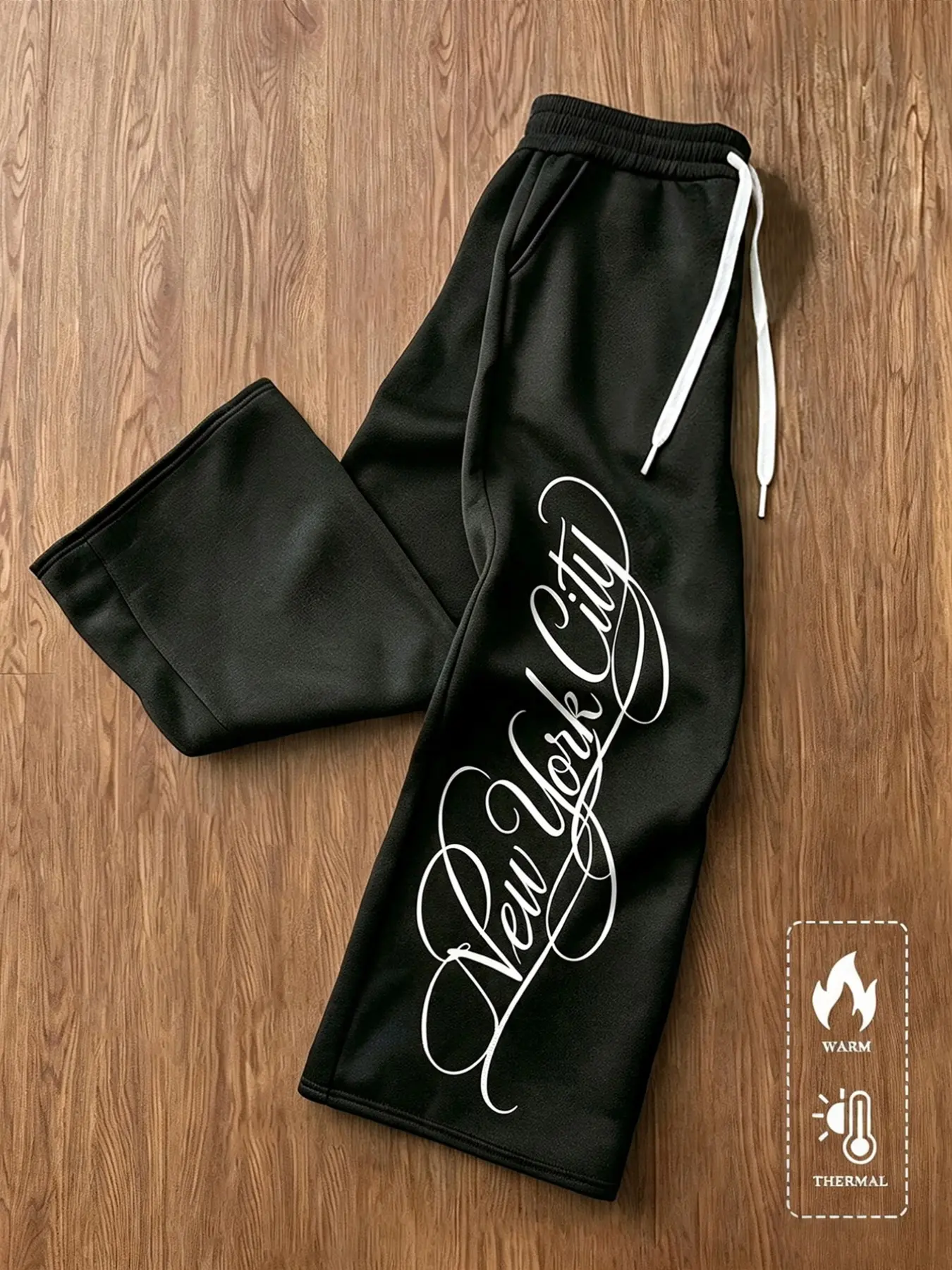 Men's Hip Hop Streetwear Sweatpants, Loose Wide Leg New York Script Letter Print Drawstring Casual Fleece Long Pants