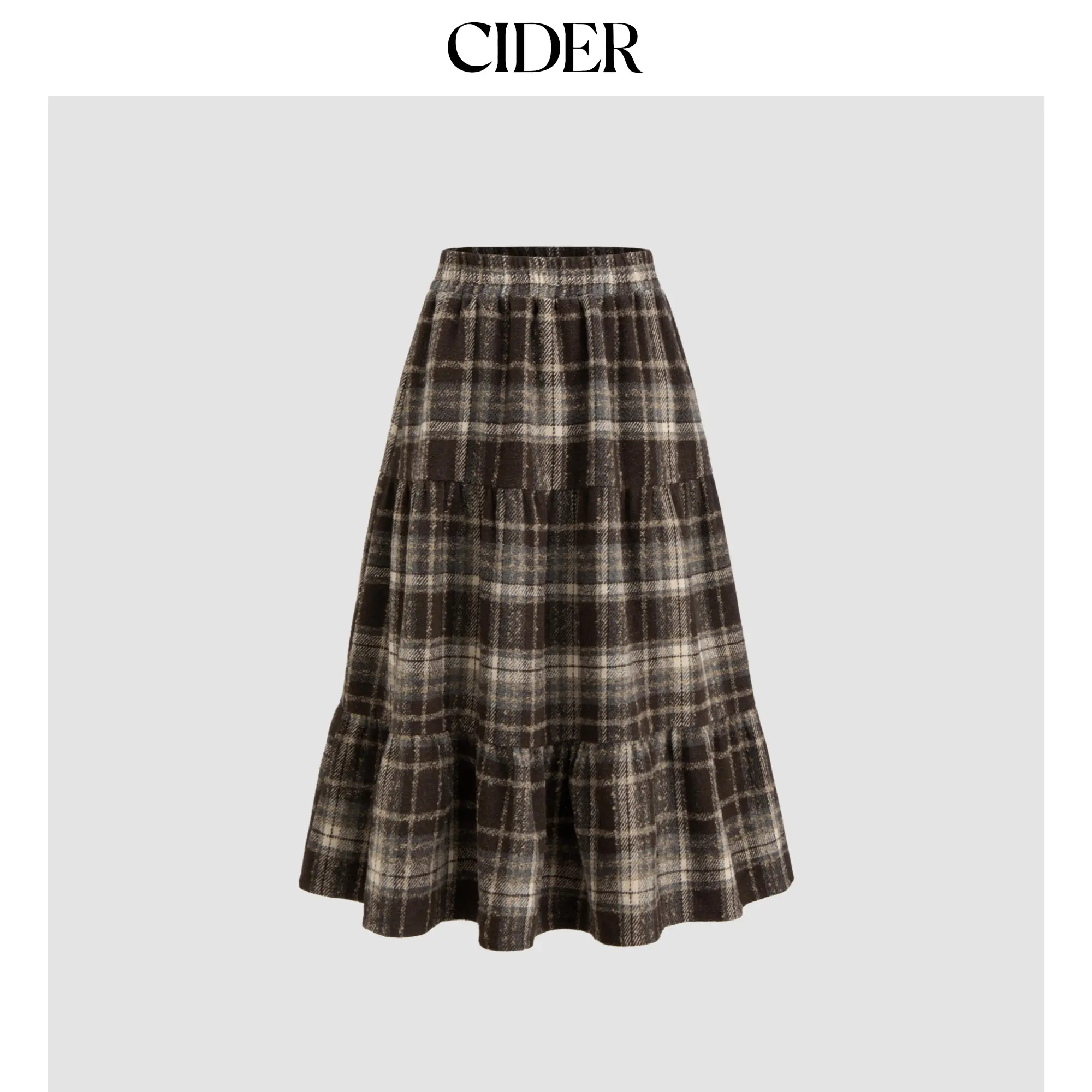 Cider [2 colors, size 2-26] Woven High Rise Check Ruffle Tiered Maxi Skirt