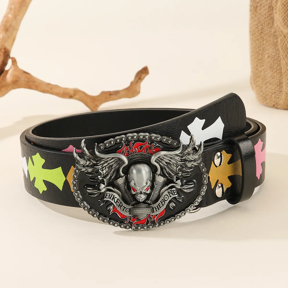 Biker Winged Skull Motorcycle Oval Buckle PU Leather Belt, Cross Printed Strap, Gothic Rock Unisex Wide Waist Belt for Street & Motorcycle Rider Outfits