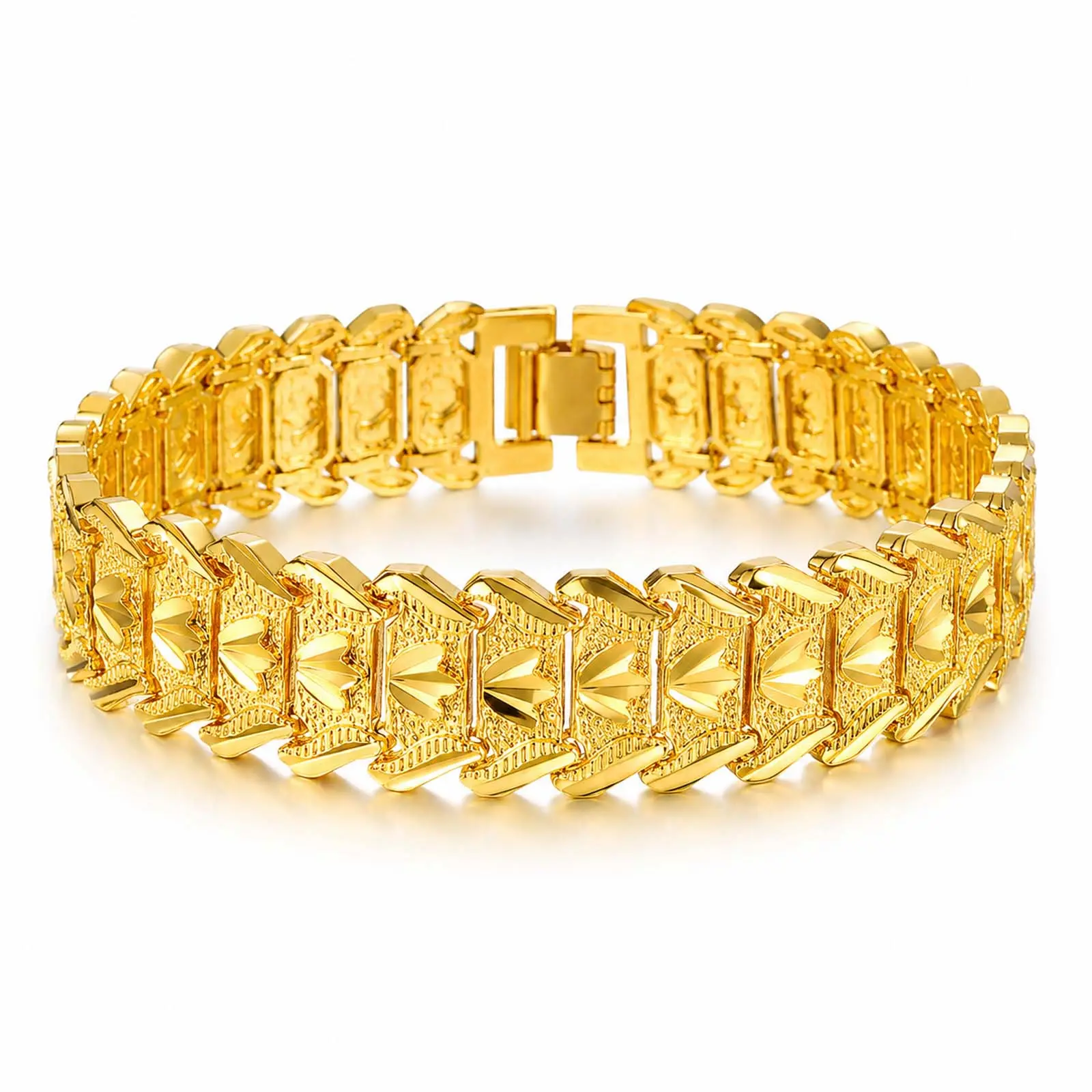 Men's Gold Color Wide Link Bracelet, Vintage Coin Inspired Watchband Chain Bracelet, Sparkle Cut Textured Metal Wrist Jewelry, Bold Statement Fashion Accessory for Hip Hop, Streetwear, Party, Club, Daily Wear, Birthday Gift for Him