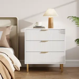 MNatural Wood Coffee Table – Fluted, 3 Drawers – Gold Handles – Wide Chest – Perfect for Living Room Storage, Bedroom Organizer, or Entryway Cabinet – Modern Design