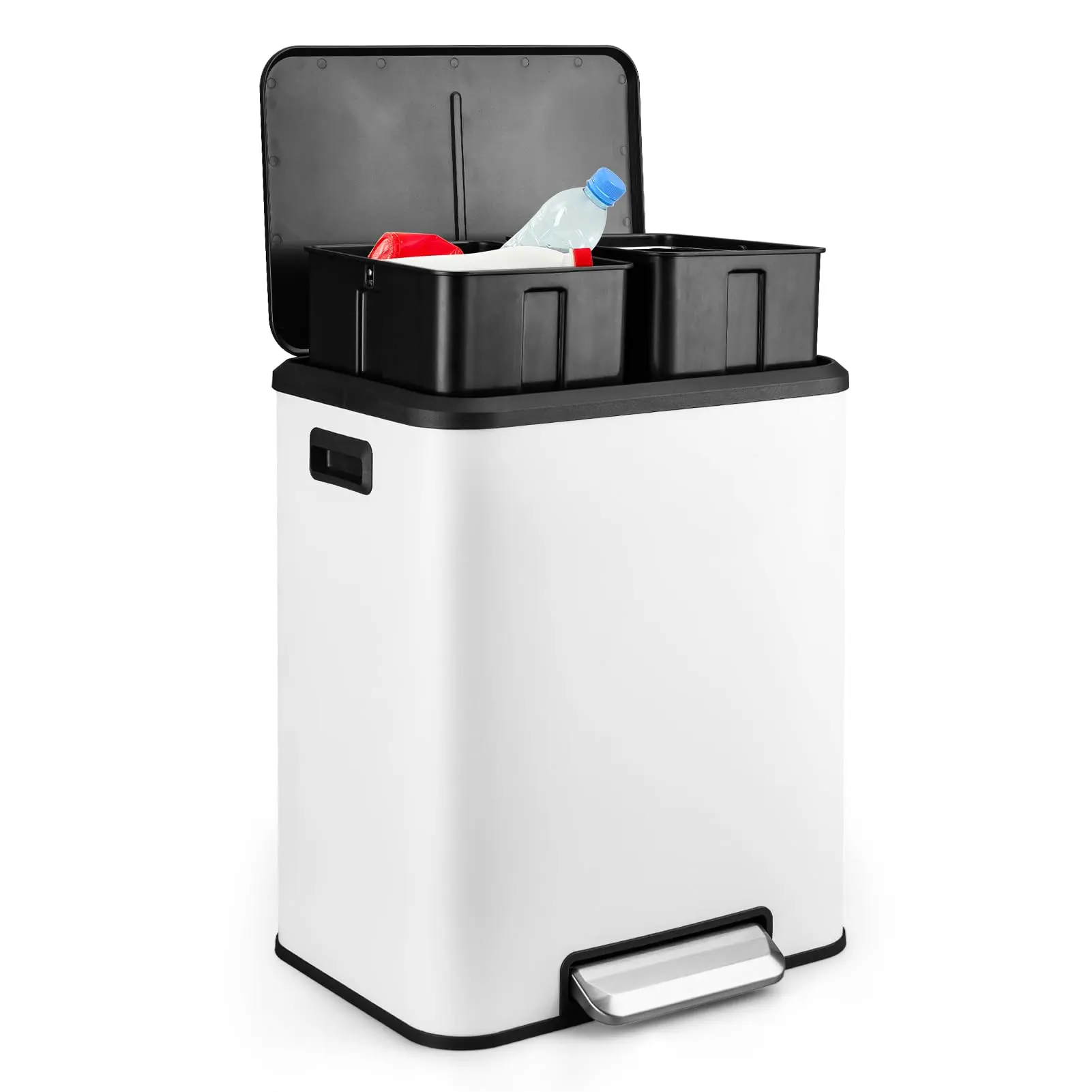 Black FridayGARVEE Touchless Dual Step Trash Can and Recycling Bin - 8 Gallon Capacity with Soft Close Lid, Ideal for Kitchen, Dining, or Living Room, Stainless Steel Finish, Features 2x15L Rectangular Bins for Efficient Waste Management.