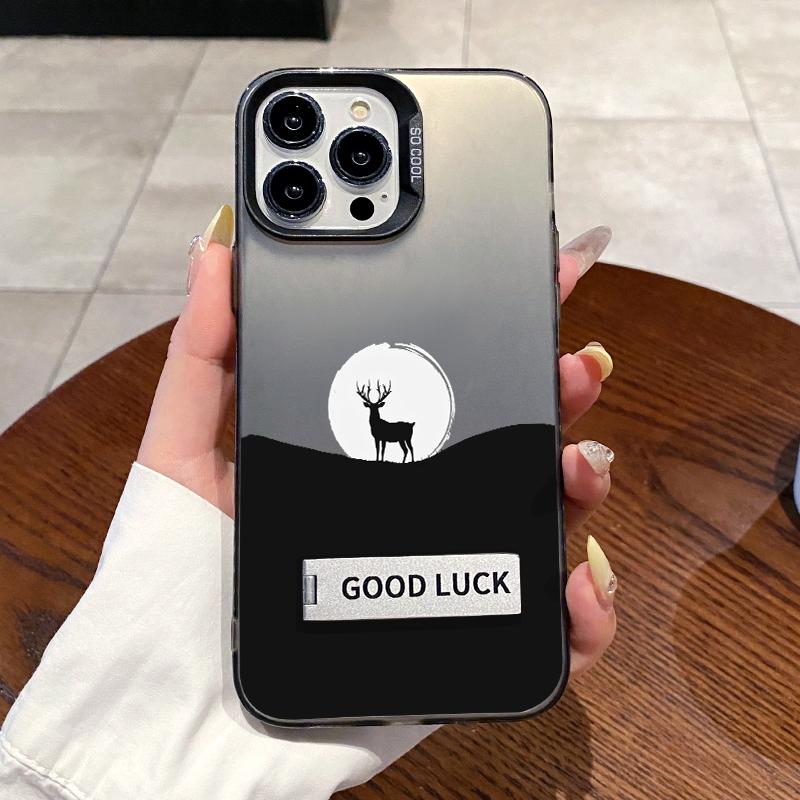 Case for iPhone 16 Pro Max 15 Plus 14 13 12 11 XR E XS Moonlit Stag Pattern Bracket Shockproof Silicone PC Back Protective Smartphone Cover