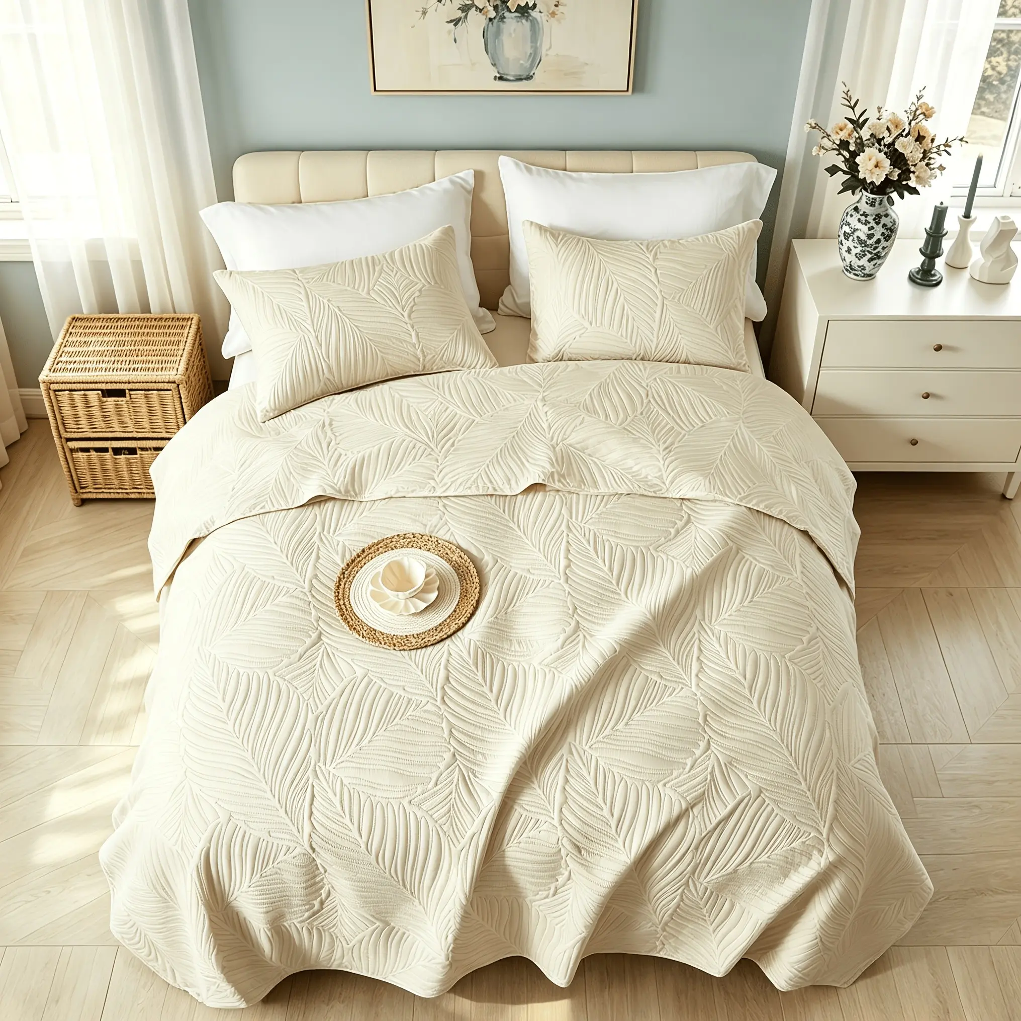 Soundwave Technology Technology Leaf-shaped Multicolor Ultra Light 2/3pcs Embossed Bedspread/Bed Cover Soft (1 Quilt + 1/2 Pillowcase), Breathable And Comfortable Bedding for Bedroom Dormitory Kin-friendly Bedding