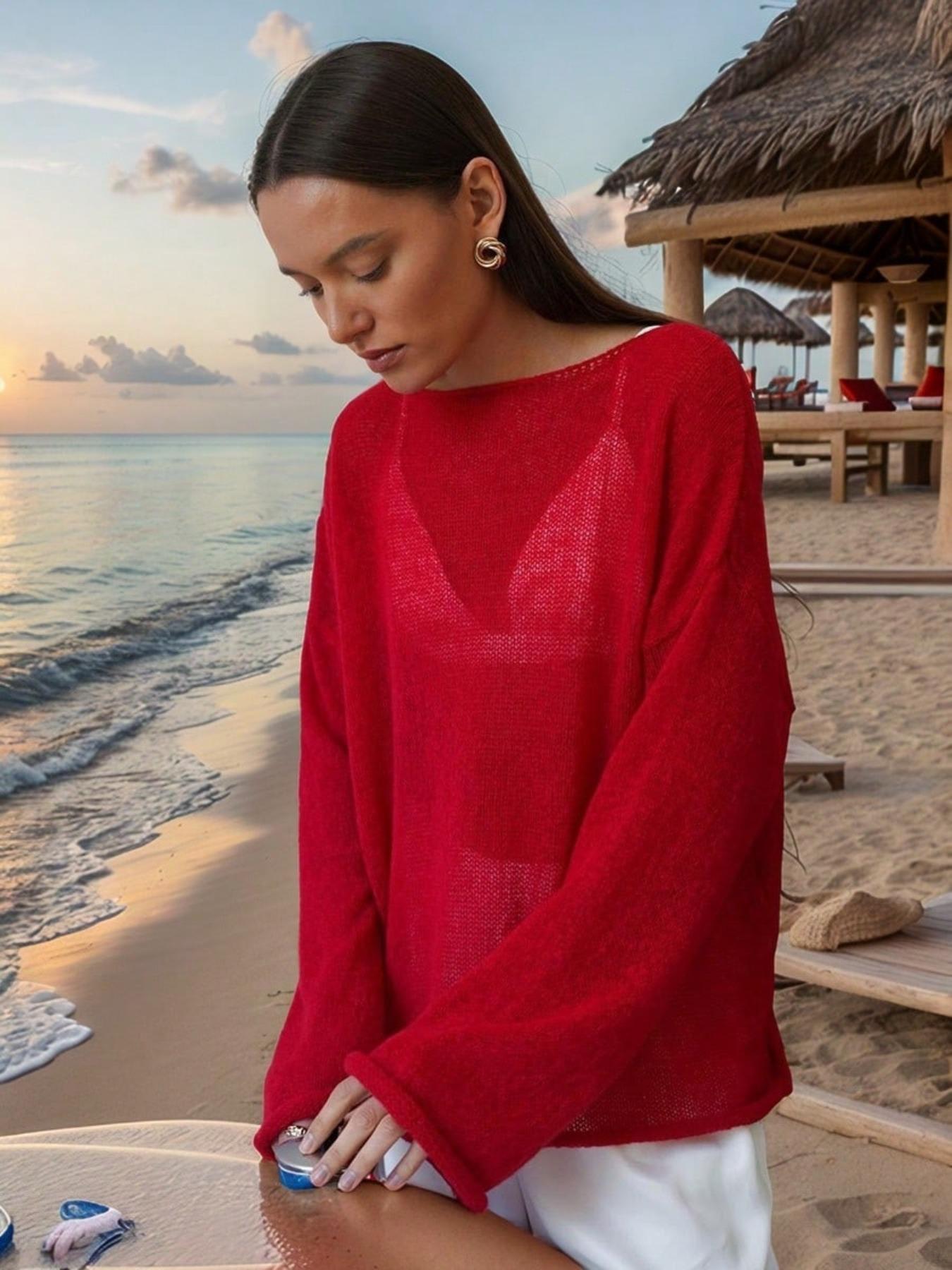 Women's Solid   Cover Up Top, Casual Long Sleeve Cover Up for Beach Vacation, Ladies Knitwear for All Seasons