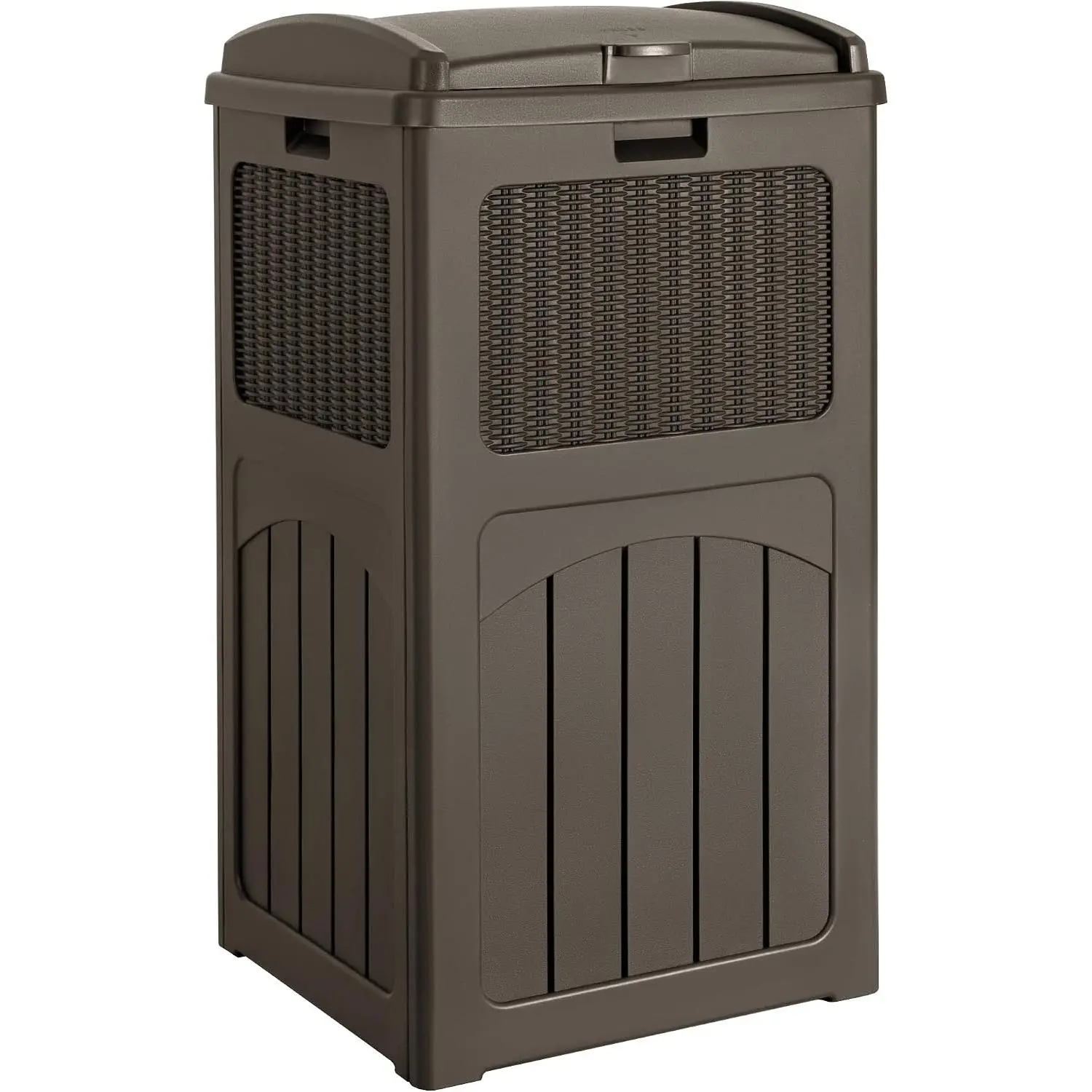 33 Gallon Outdoor Trash Can, Hideaway Garbage Bin with Tiered Lid, Waterproof Resin Waste Bin for Patio, Pool, Backyard and Deck - Deep Brown