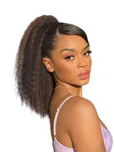 Curly Yaki Drawstring Ponytail  Afro Straight Ponytail Extension for Black Women, 12/16inch Water Wave Drawstring Ponytail for Black Women Natural Black Drawstring Ponytail Synthetic Daily & Party Use Synthetic Curly Hair Curly Ponytail Extensions