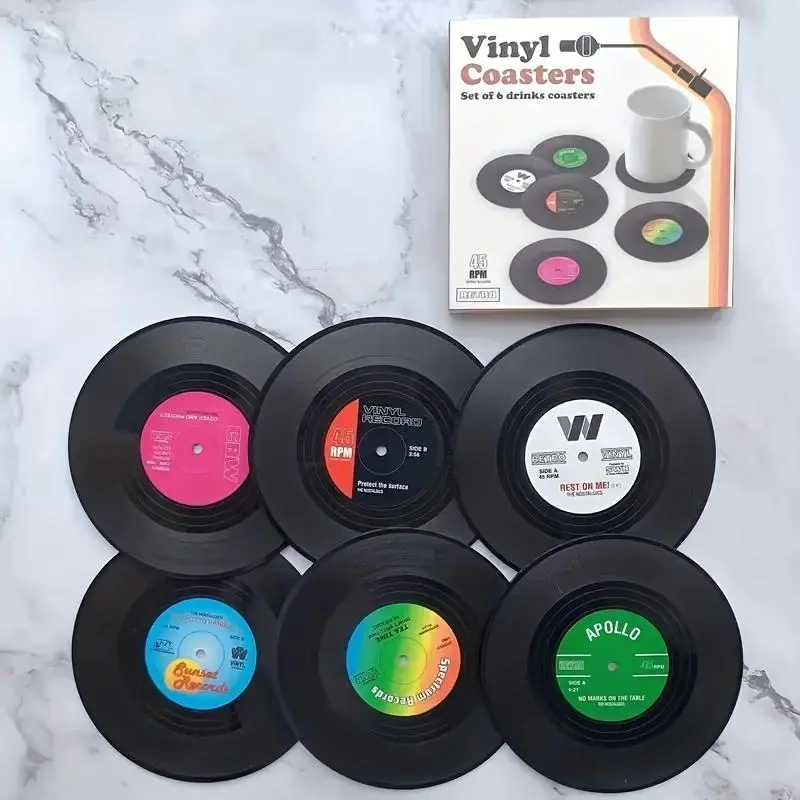 6 Counts  Retro American rock vinyl record coaster, silicone anti slip insulation pad, multifunctional table mat and room decoration