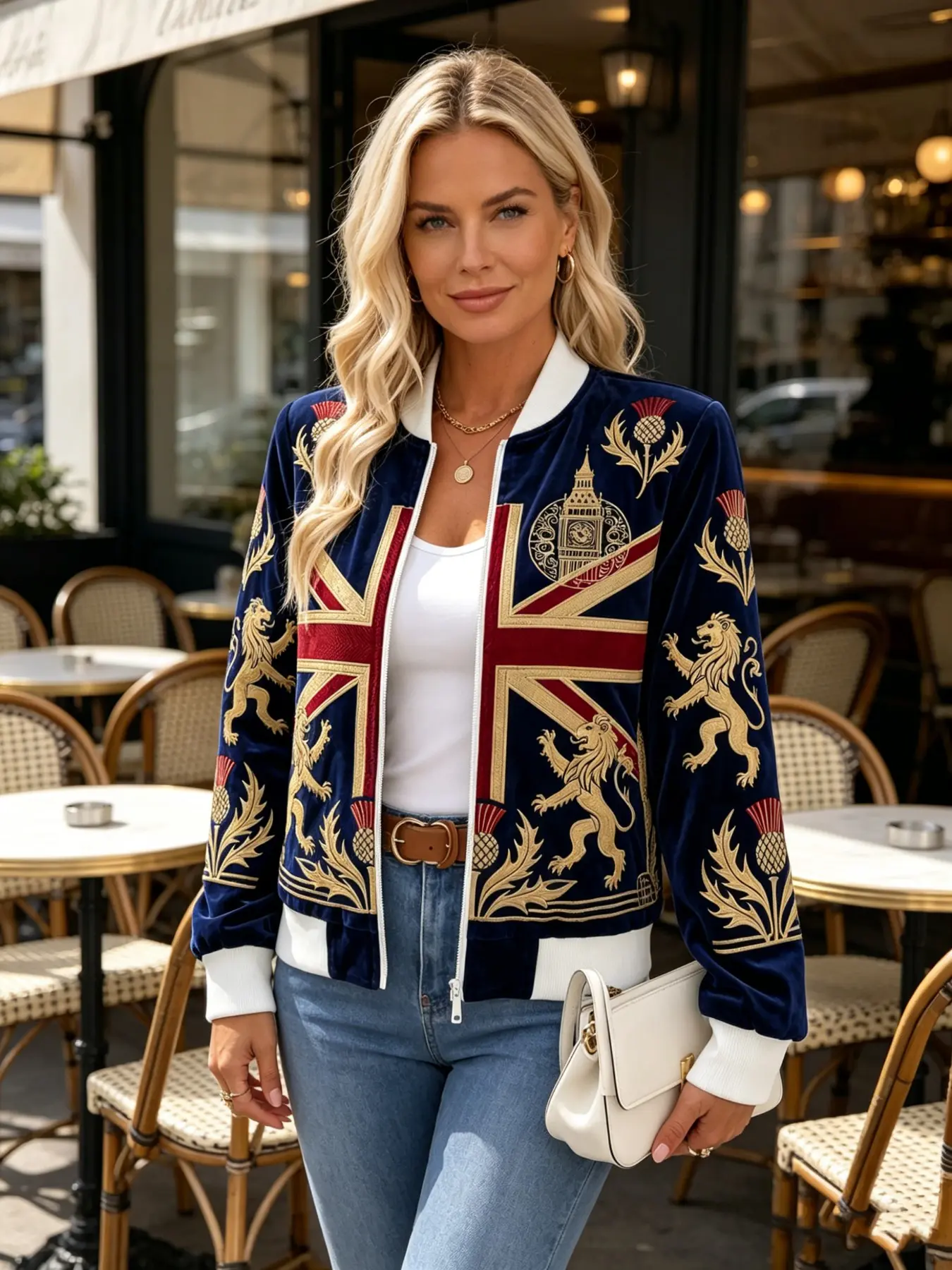 Women's Stand Collar Zipper Baseball Jacket, British Flag Print, Loose-Fit Long Sleeve Casual Outerwear, Vintage Street Style