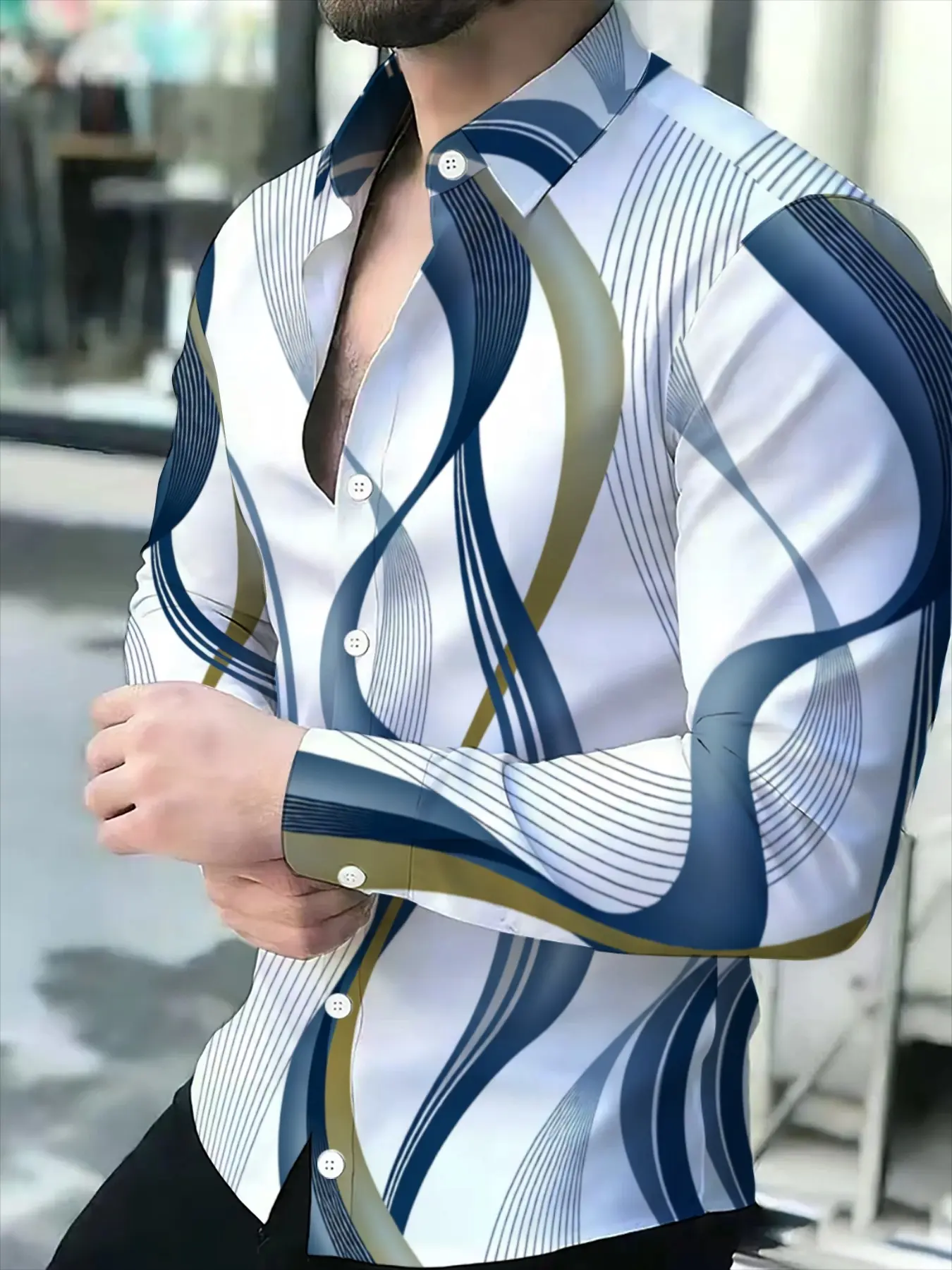 Men's Casual Long Sleeve Shirt, Trendy Color Matching Fashion Design Print, Fashion Long Sleeve Casual Top for Men