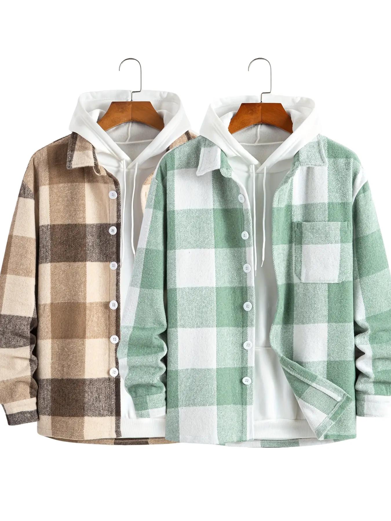 Men's Plaid Print Checked Button Front Collared Jacket without Hoodie, Loose Casual Drop Shoulder Long Sleeve Collar Outerwear for Fall & Winter, Men's Clothes for Daily Wear, Menswear