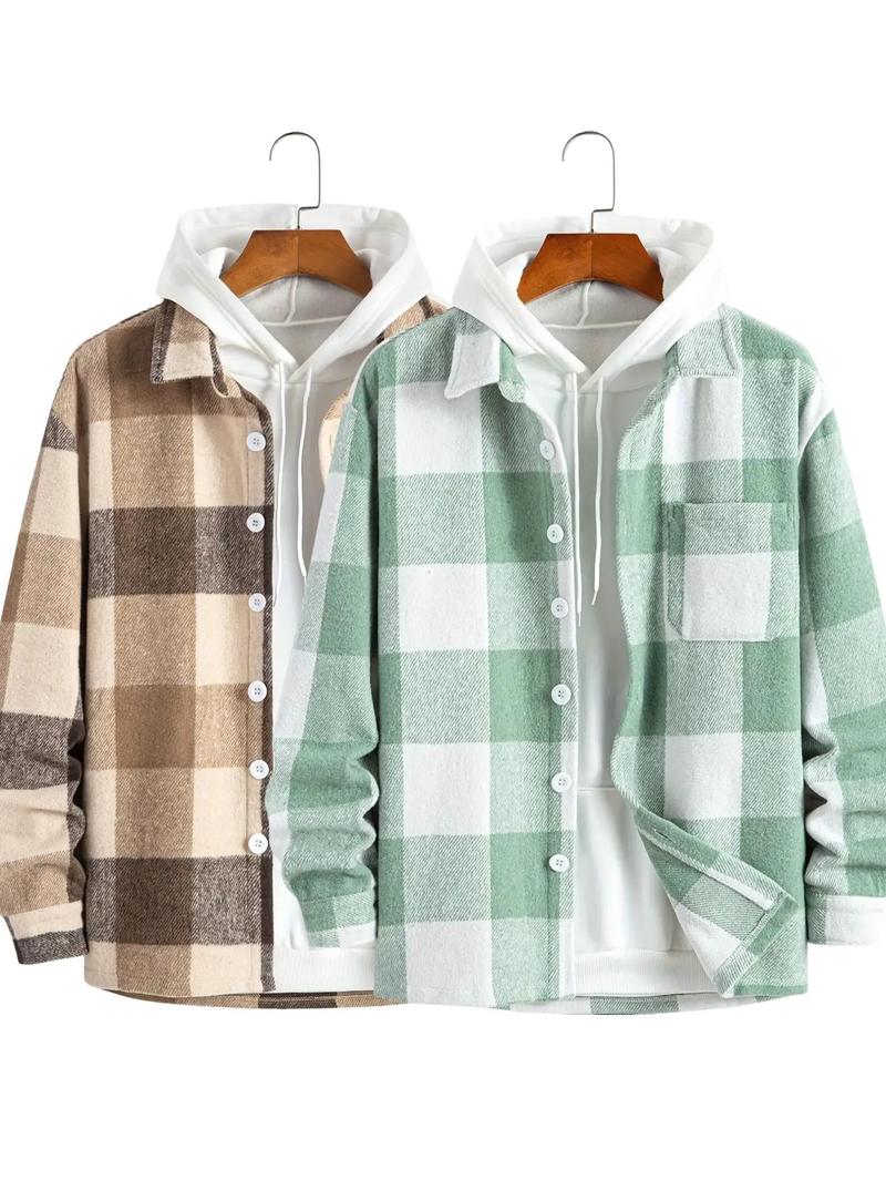 Men's Plaid Print Button Front Jacket without Hoodie, Loose Casual Drop Shoulder Long Sleeve Collared Outerwear for Fall & Winter, Men's Clothes for Daily Wear