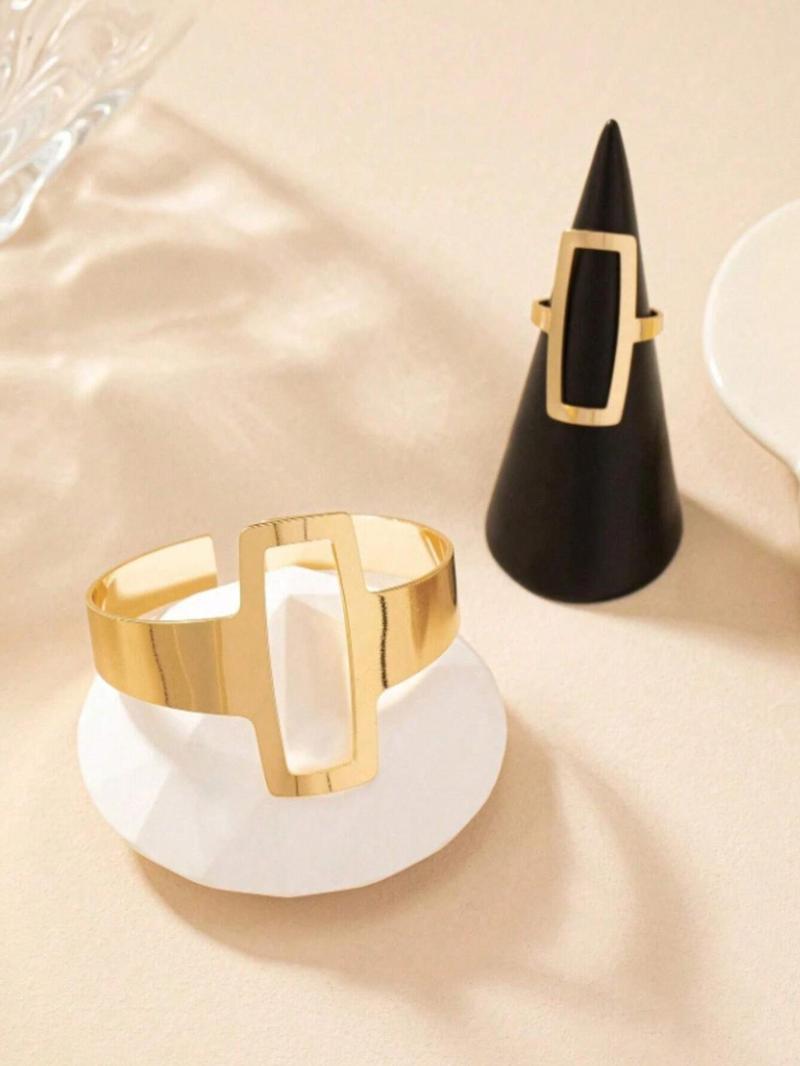 Fashion Simple Geometric Square Design Jewelry Set, Hollow Out Ring & Bracelet, Fashion Jewelry for Party, Daily Clothing Decor, Trendy All-match & Exquisite Jewelry for Birthday Gift, Elegant Jewelry Set