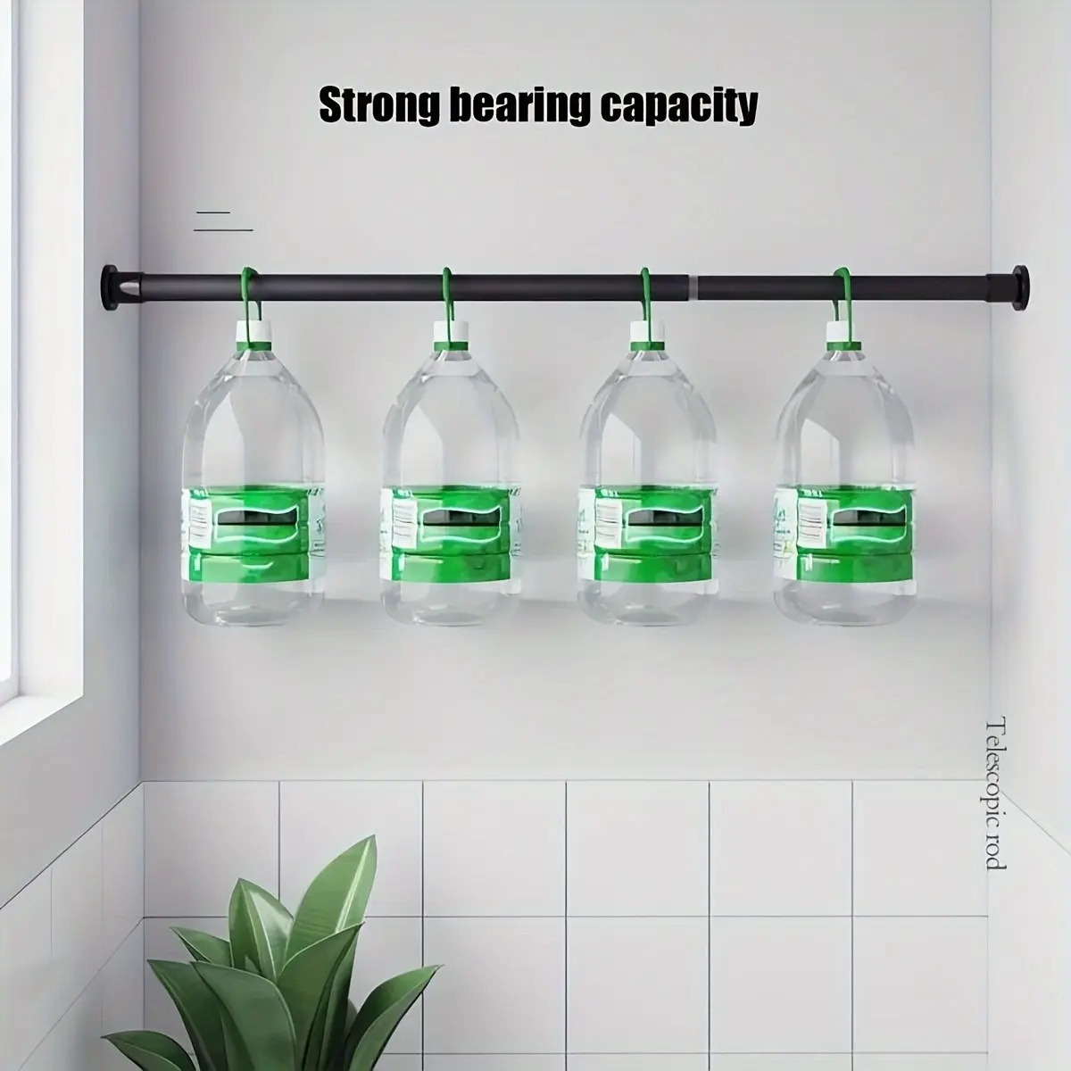 1Pc Black Drill-Free Tension Rod with Honeycomb Suction Base and Built-in Spring, Heavy-Duty for Shower Curtain, Drying, Wardrobe Use