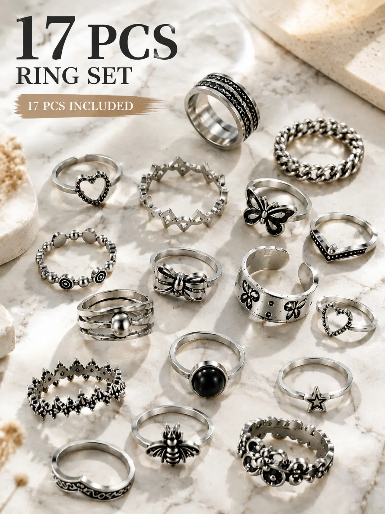 17pcs Y2K Gothic Ring Set for Women, Vintage Silver Color Stackable Knuckle Rings, Retro Grunge Butterfly Star Moon Heart Layered Rings