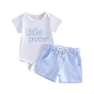 Newborn Baby Boy Summer Outfit Little Brother Letter Embroidery O Neck Short Sleeve Romper Onesies and Drawstring Striped Shorts Set Summer Clothes
