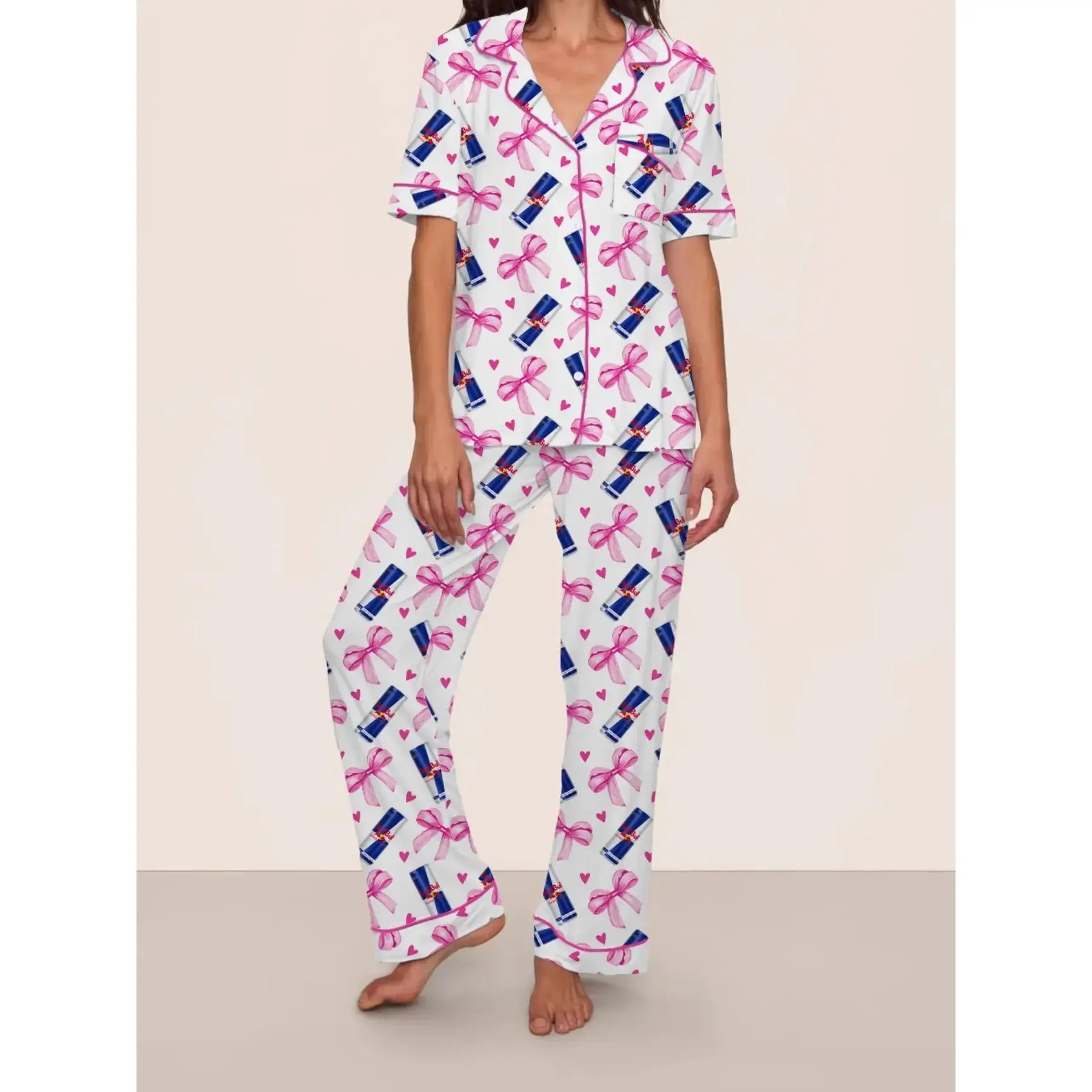 Valentine's Day Women's Pajama Set, Short Sleeve Long Pants Two-Piece Sleepwear, Casual Fitted for Fall & Winter