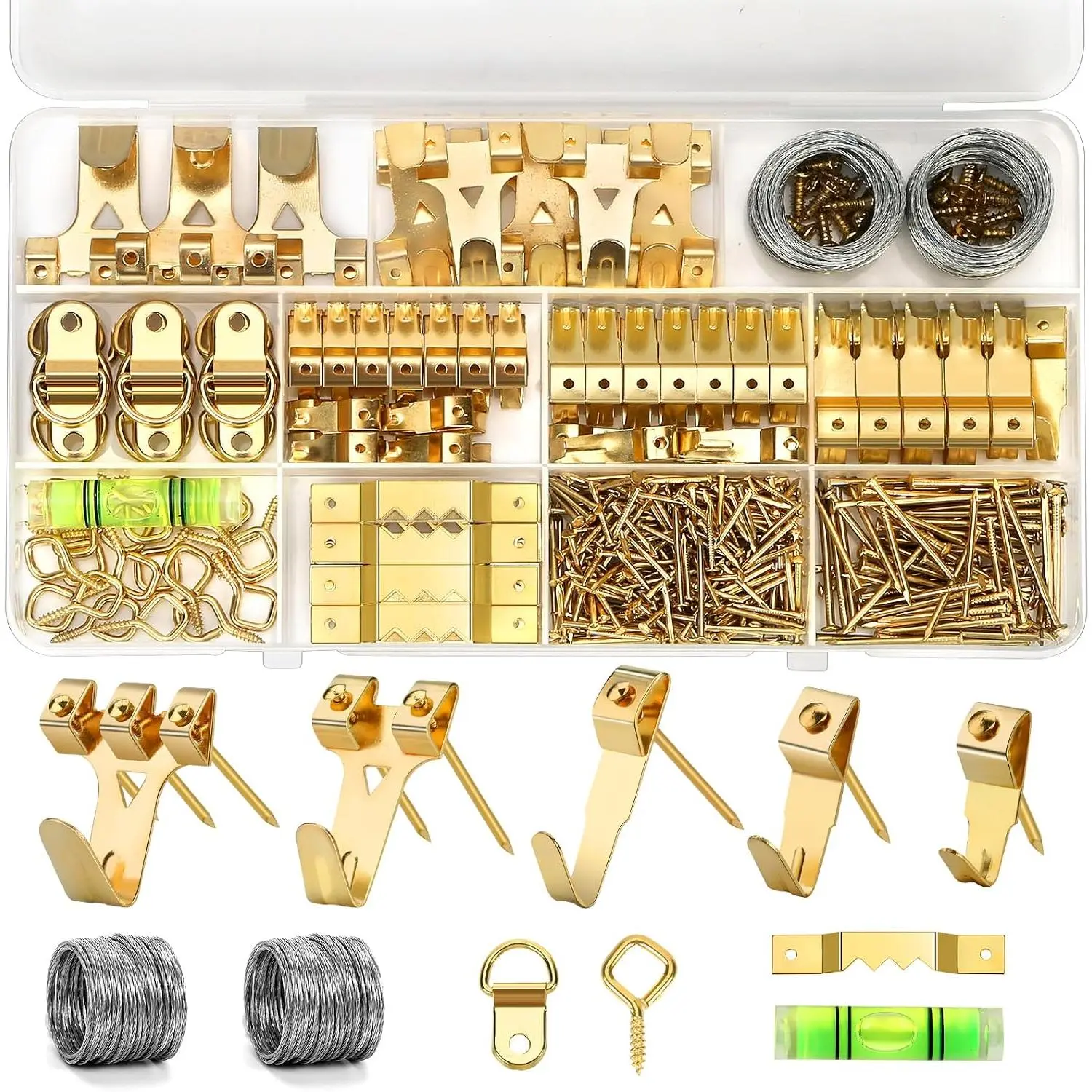 Picture  Kit, 322 count -in- Picture  Hardware | Picture Hangers With Hooks, Nails, Wire, D Rings, Sawtooth Hangers ,Eye Hooks And Level, for Frames, Mirrors, Photos & Art