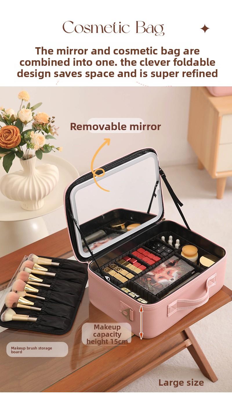 Internet Celebrity LED Makeup Case with Light and Mirror, Portable LED Makeup Bag with Large Capacity, Multifunctional Cosmetic Storage Organizer for Travel and Daily Use, Adjustable Light Makeup Box
