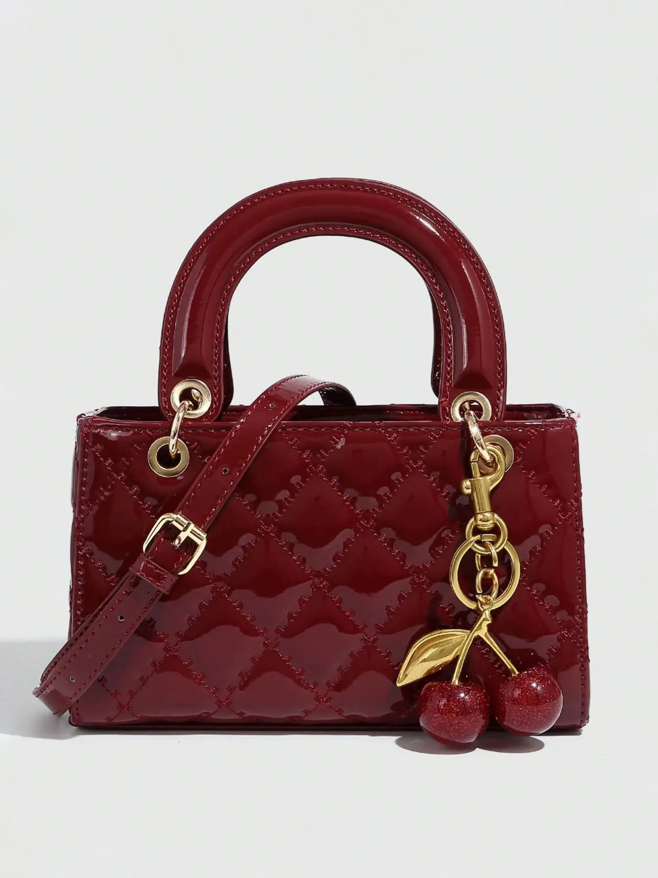 Shiny Leather Quilted Small Bag, Metal Cherry Charm, Handbag/Crossbody/Shoulder Carry