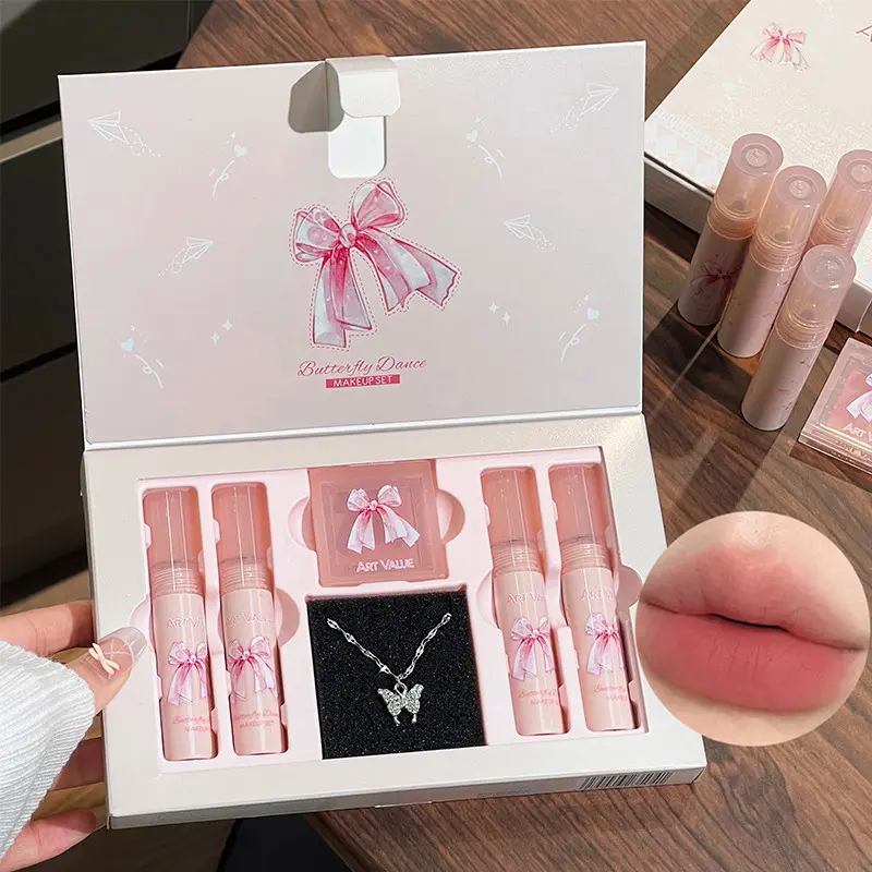 Butterfly Dance Makeup Set, 4-Piece Matte Lip Mud & Blush + Butterfly Necklace, Long-Lasting Formaldehyde-Free Cosmetic Kit