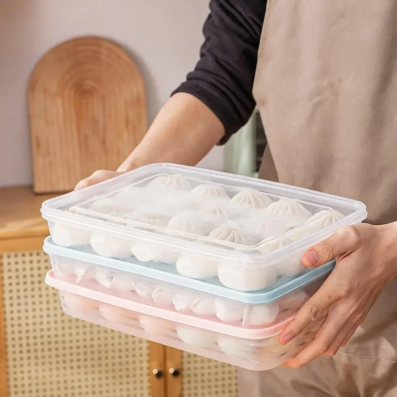 1pc Freezer Safe Reusable Dumpling Storage Container Set, Plastic Rectangular Pasta Organizer, Fresh-Keeping Dumpling Box- Refrigerator Freezer Safe, Food Storage