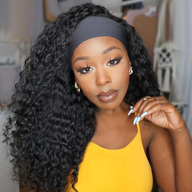 Bling Hair Headband Wig Deep Wave Human Hair For Women Glueless Short Curly Wig Full Machine Made Non Lace Glueless Brazilian Remy Hair