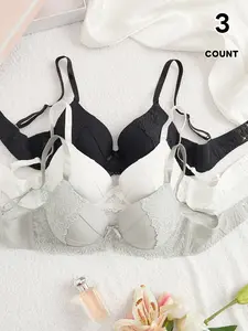 3 Pack Lace Underwire Bra, Women Comfort Padded Push Up Everyday Brassiere, Stylish and Supportive Lingerie for Daily Wear