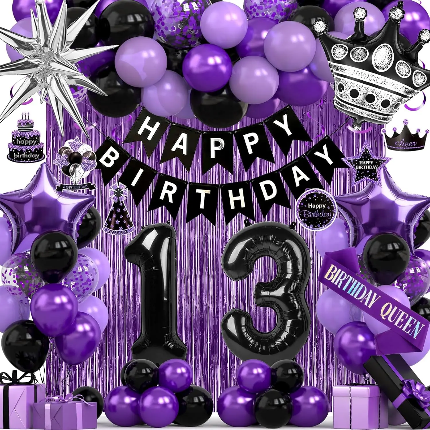 13th Birthday Decorations for Girls, Black Purple Happy Birthday Party Packs with Number 13 Balloons, Birthday Banner, Fringe Curtains, Birthday Queen Sash Garland Kit - 13 Years Old