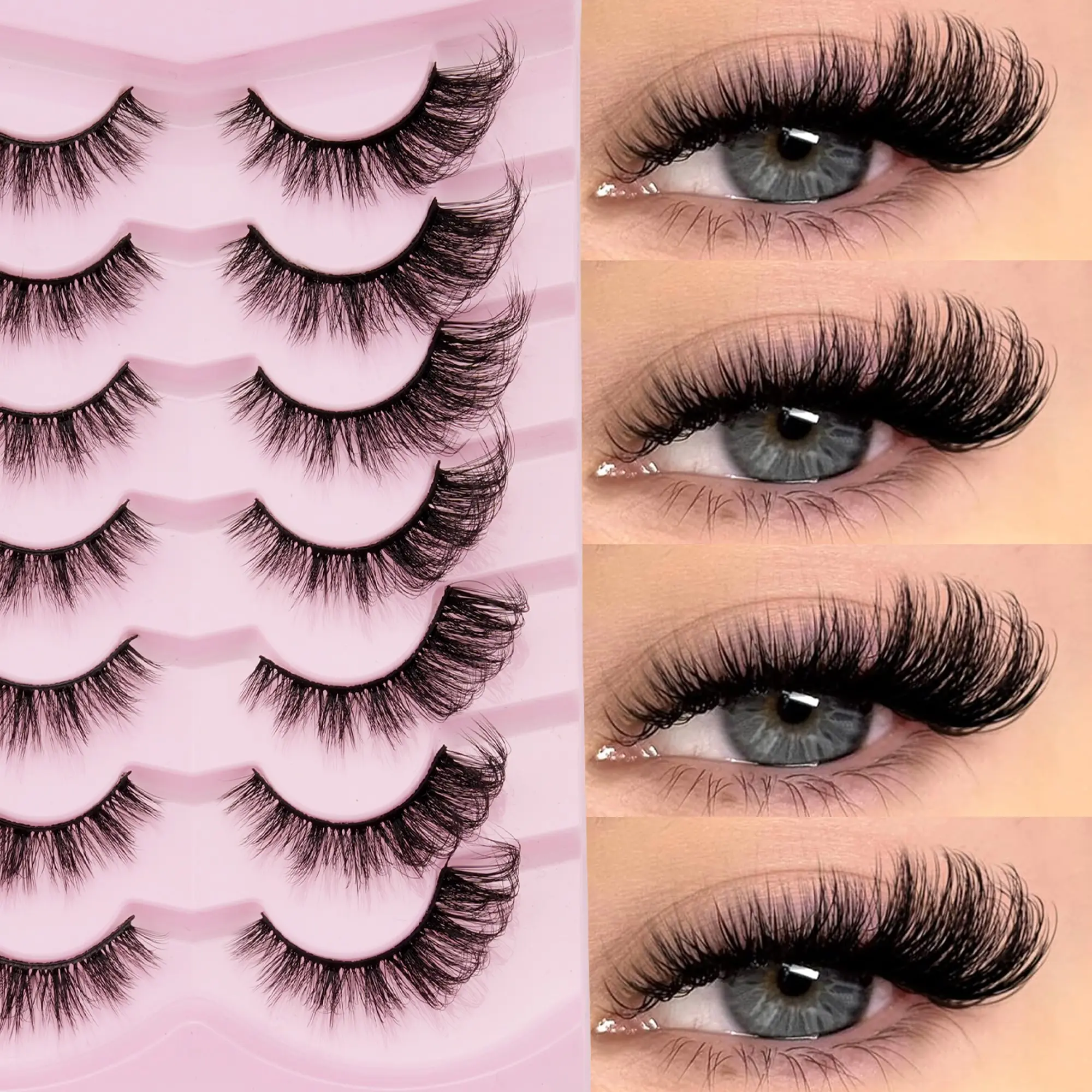 7 Pairs 3D Fluffy Cat Eye False Lashes, Gradient Length 6mm-18mm, Lightweight Feather Texture, Reusable, Natural Dense, Easy Application