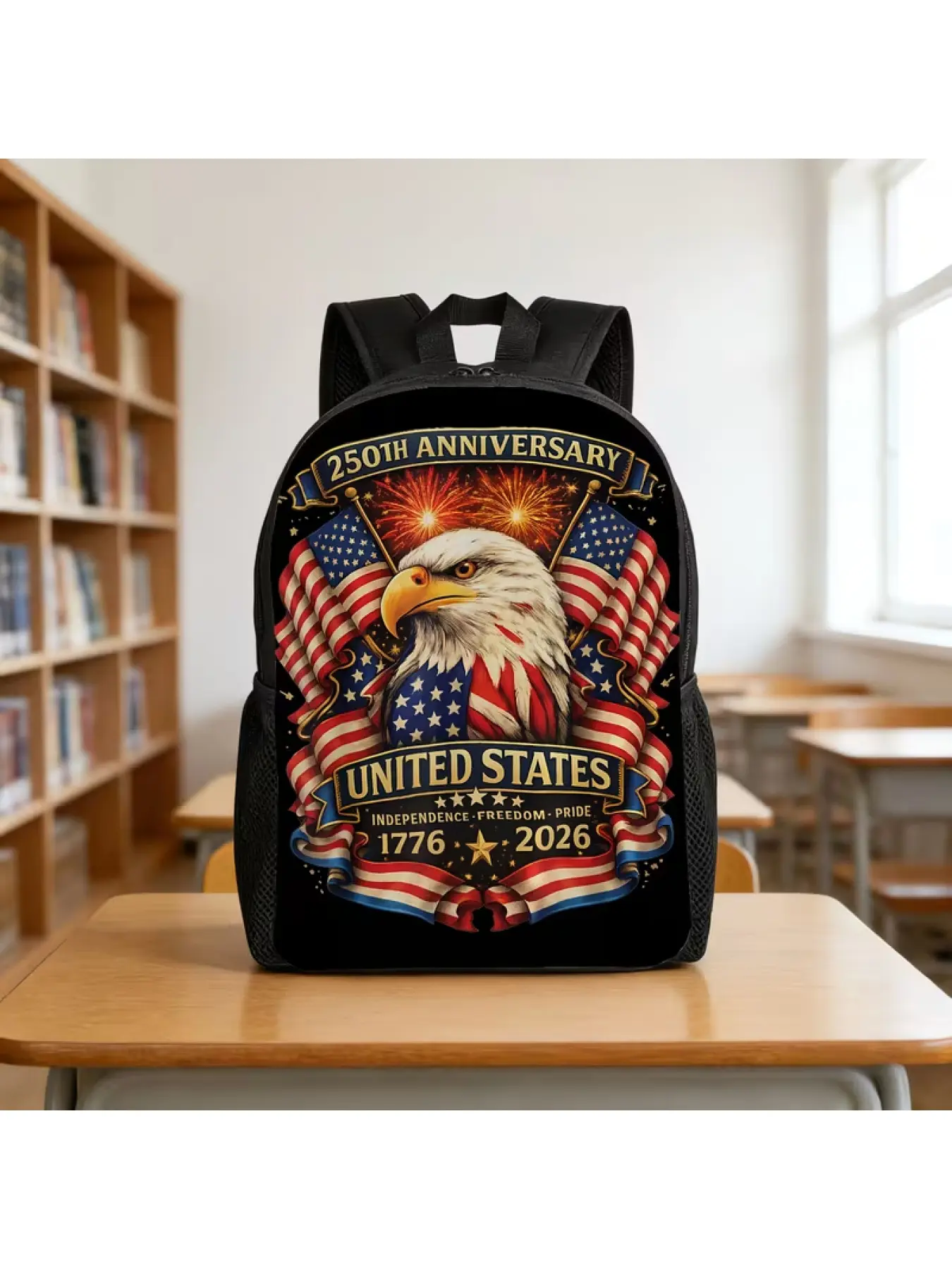 Patriotic Eagle USA 250th Anniversary Backpack 1776-2026 Gift for Teenagers High School Students Daily School Bag Zipper Closure Storage Back To School Season