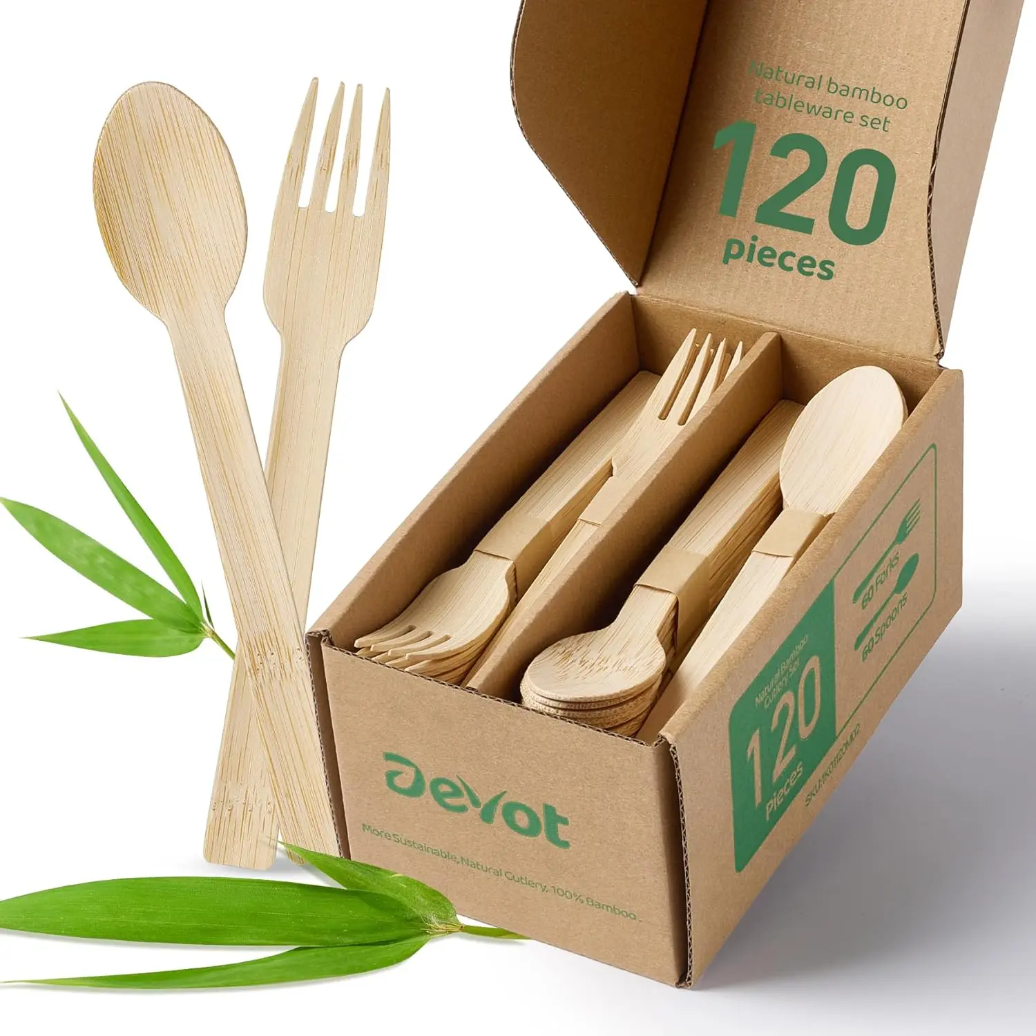 Bamboo Disposable Cutlery Set - 120 Mix (60 Forks, 60 Spoons) 6.7", Eco Friendly Utensils, Biodegradable, Compostable, Splinter Free and For Weddings, Camping, Party