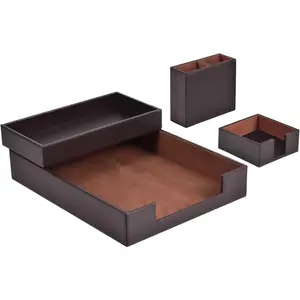 4 Pack Leather Office Supplies/Desk Organizer for Letter Paper Tray,Sticky Note Holder,Pen Cup,Stackable Small Letter Mail Sorter Tray,Workspace Decor for Women Men (Brown, 4- set)
