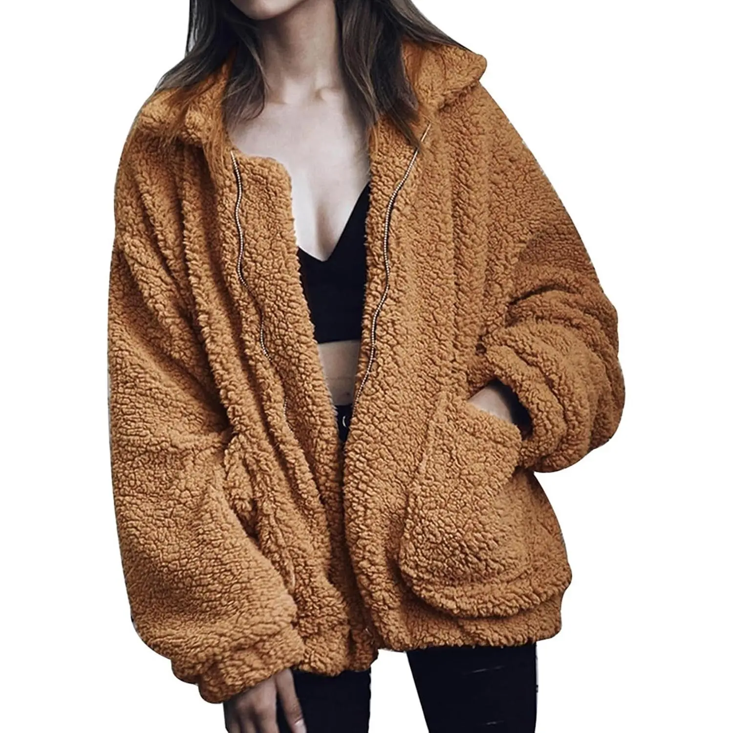 Womens Faux Fur Jacket Sherpa Oversized Shaggy Teddy Winter Coats |   Zip Up Shearling Outwear with Pockets, Casual Lapel Collar, Soft Fleece Fuzzy Fluffy Jackets, Cozy Warm Fall Fashion Clothes