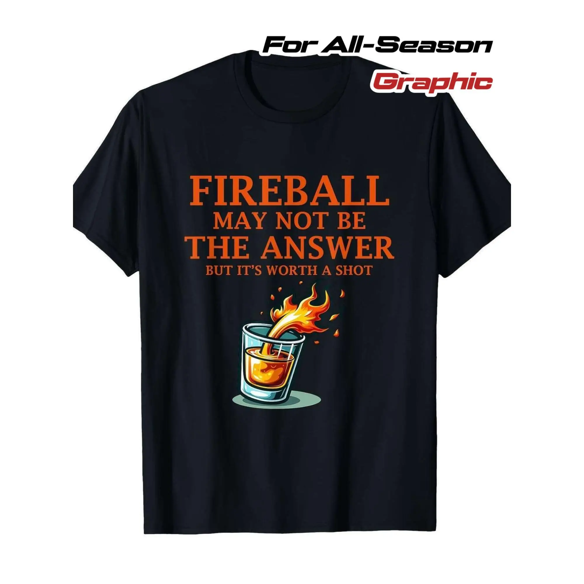 Men's "Fireball May Not Be The Answer" Graphic Short-Sleeve Cotton Knit T-Shirt - Black with Orange Flame Design, Casual Menswear, Breathable Cotton Fabric, Machine Washable, Shortsleeve, Round Neck, Bright Orange Pattern Men's Short-Sleeve T-Shirts, Flam