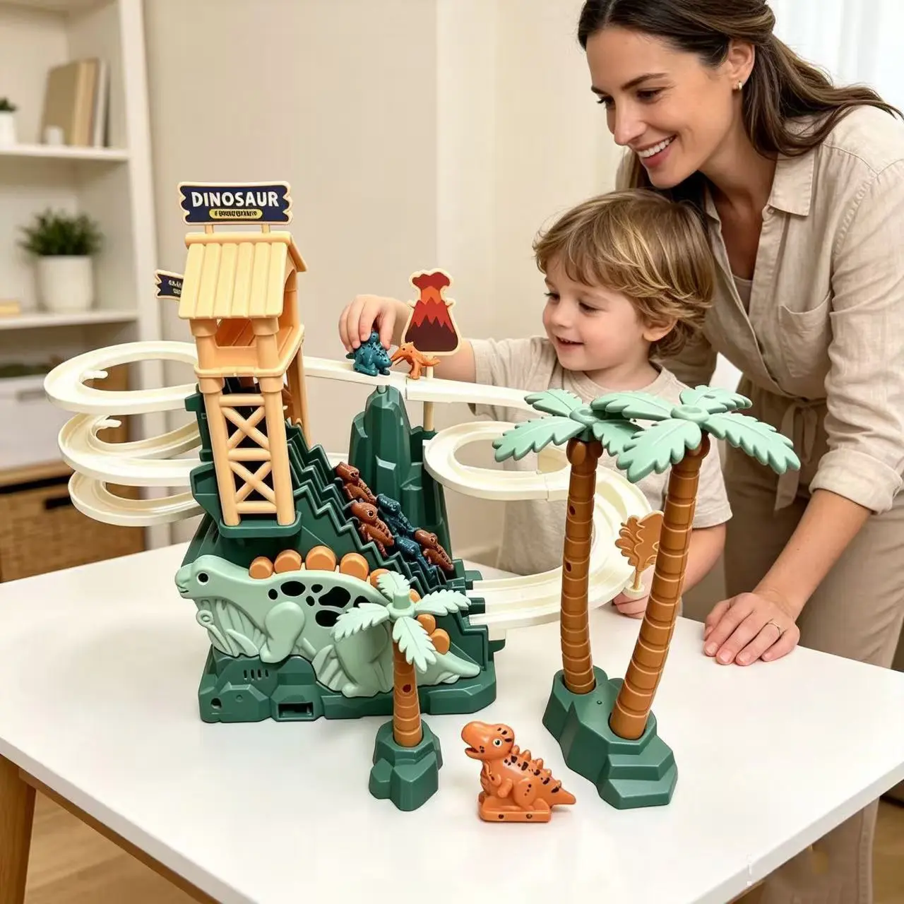 1 Dinosaur Dual-Track Slide Toy – Electric & Gravity-Powered Design (Jurassic World Style). Features switchable tracks, colorful lights, and sound effects. Suitable for children aged 3+ (unisex); a perfect holiday gift.