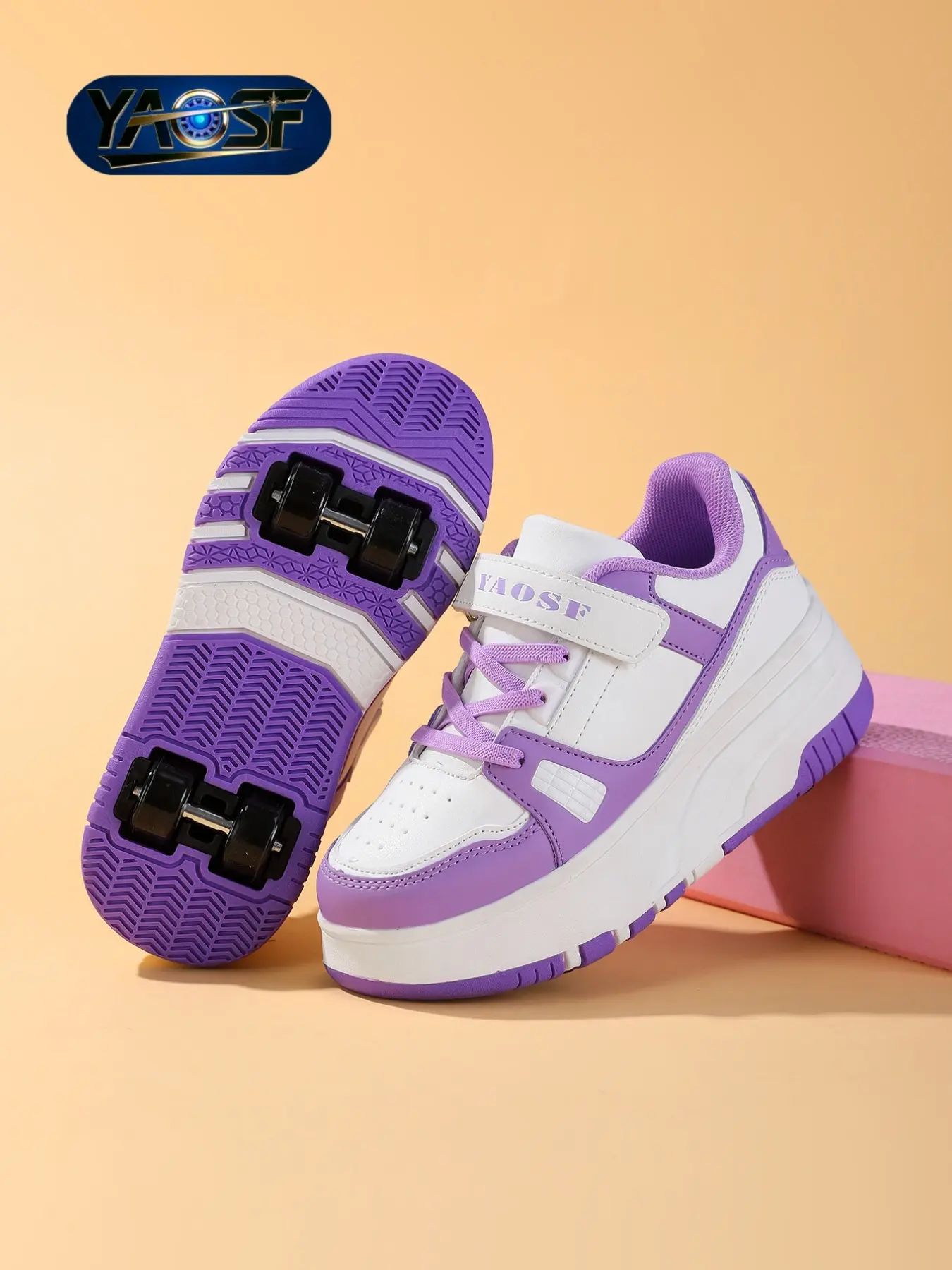 Yaosf Detachable Four-Wheel Roller Skates, PU Wheel, Velcro Strap, Anti-Slip Thick Sole, Unisex Kids Skate Shoes, All-Season Outdoor Sneakers