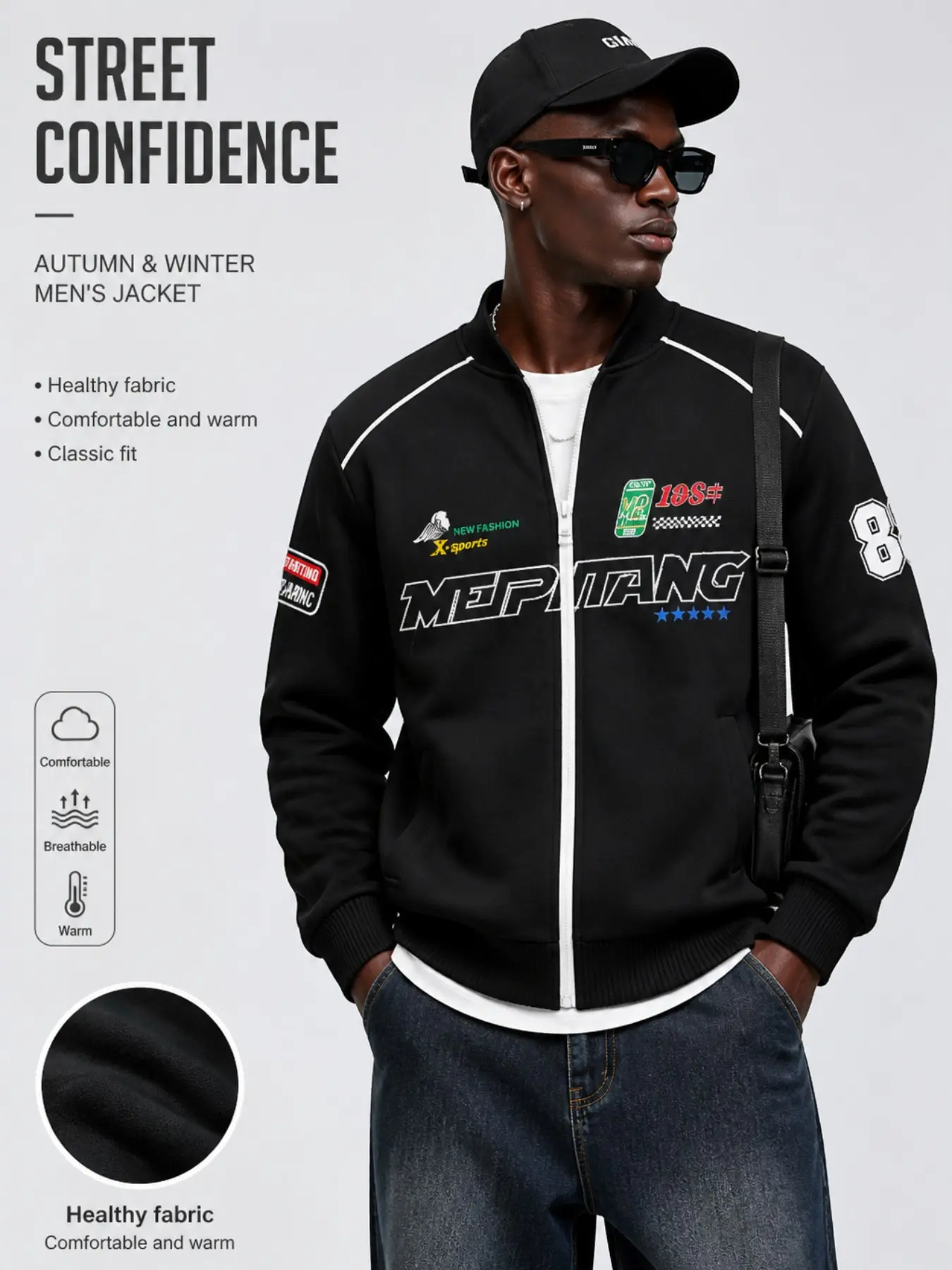 Men's Y2K Letter Graphic Full Zip Bomber Jacket, Casual Vintage Baseball Collar Track Jacket, Autumn Winter Streetwear Lightweight Outerwear Coat